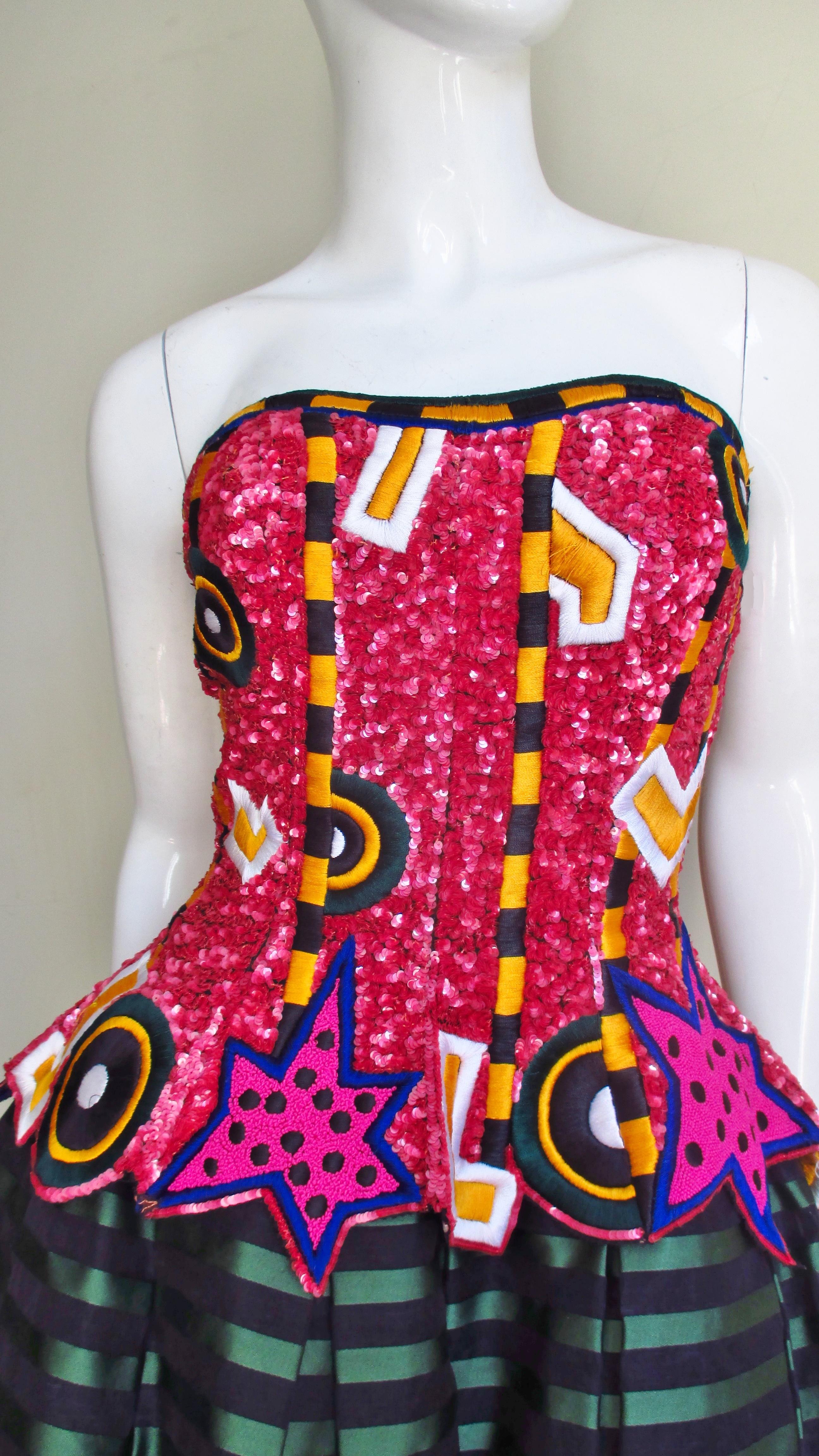 Women's 1980s Fabrice Couture Embroidered Silk Bustier Dress
