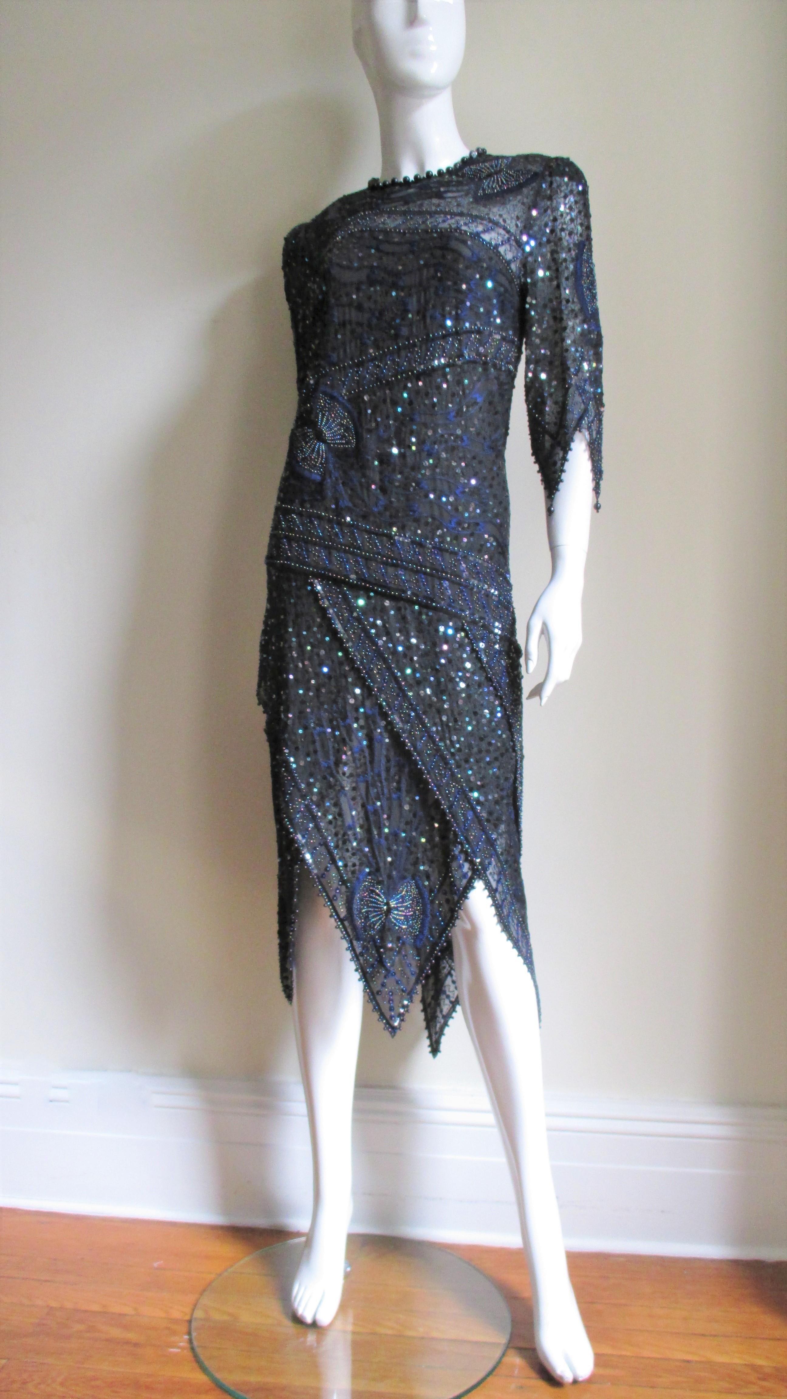 Black Zandra Rhodes Beaded Silk Dress 1970s