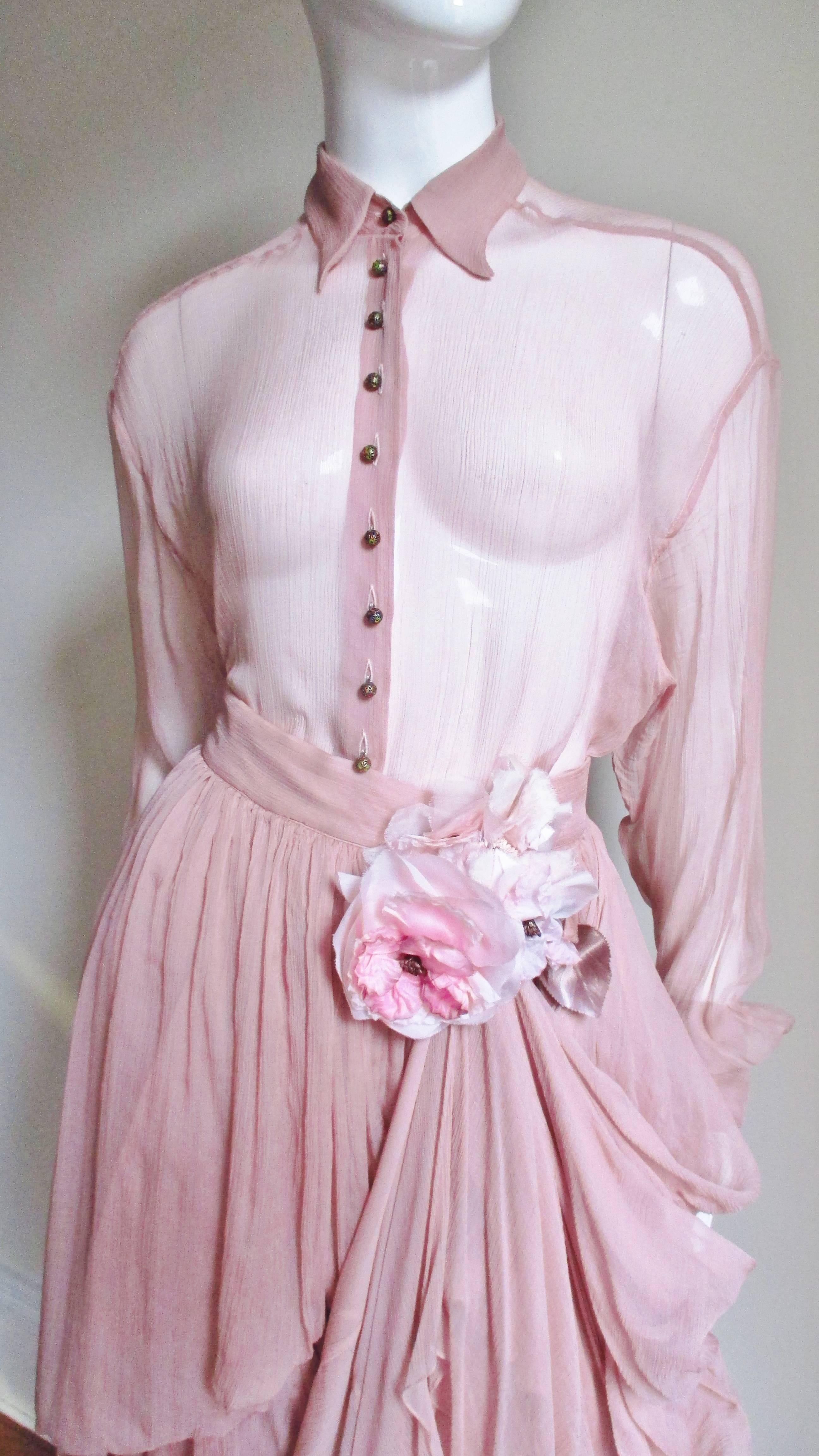 Brown Dolce & Gabbana Flower Silk Drape Skirt with Flower and Sheer Shirt For Sale