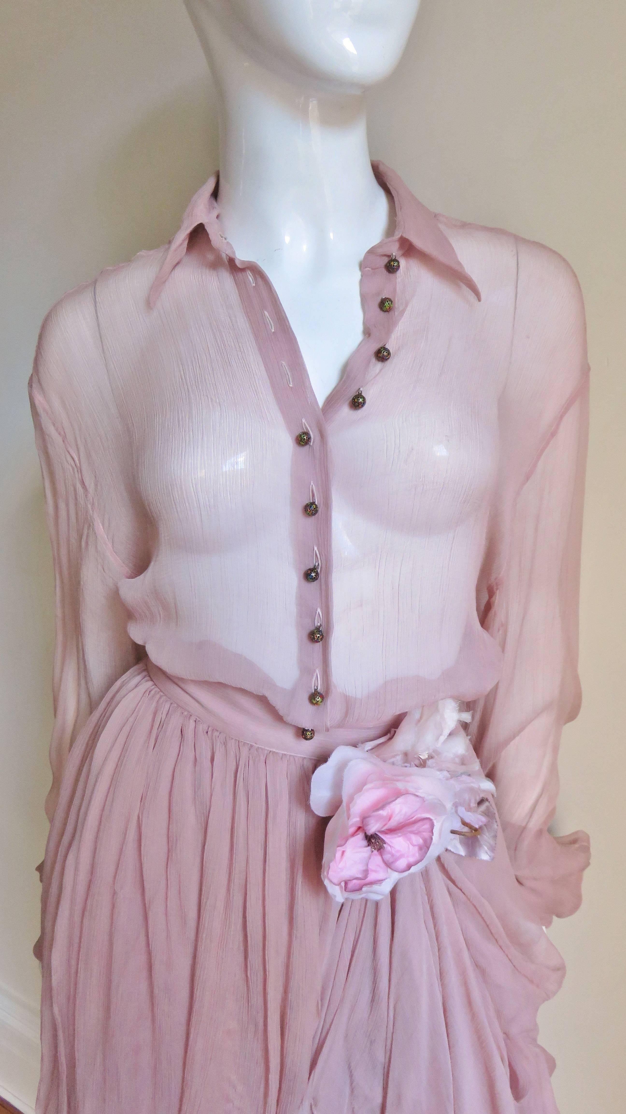 Dolce & Gabbana Flower Silk Drape Skirt with Flower and Sheer Shirt In Excellent Condition For Sale In Water Mill, NY