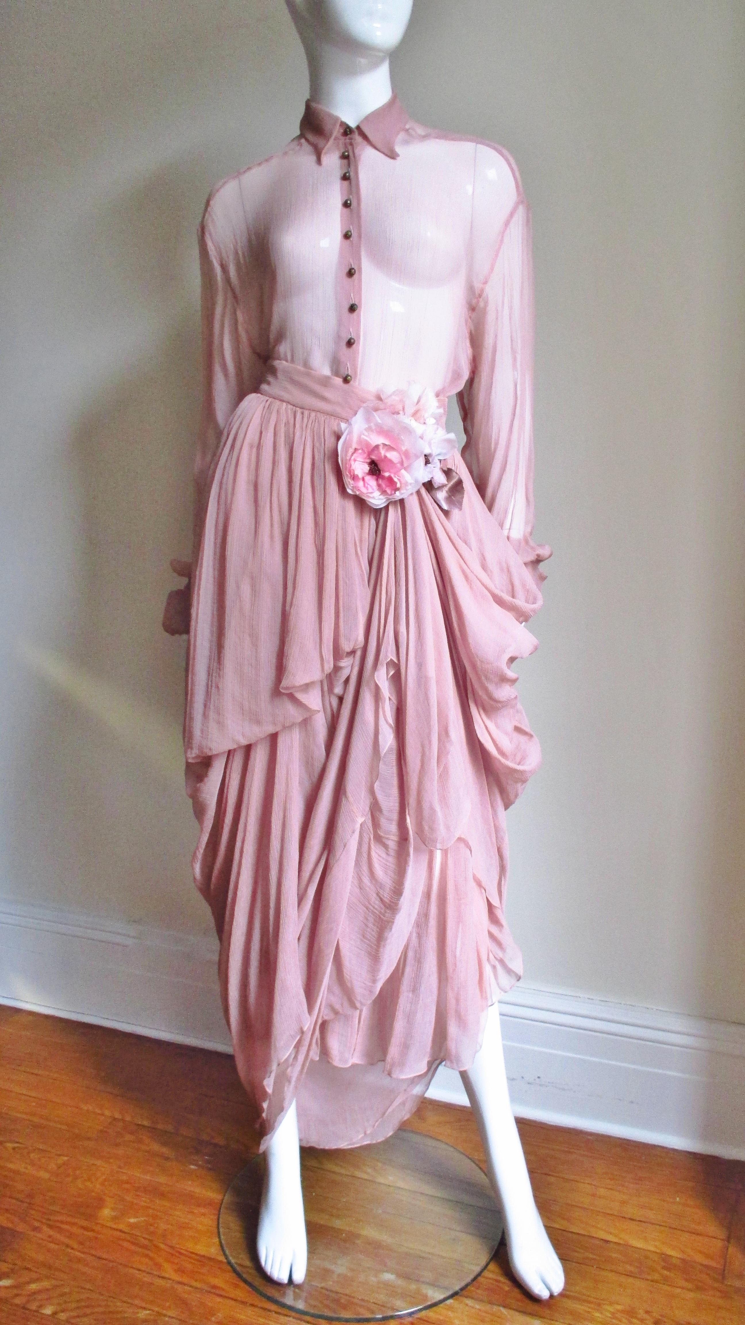 Dolce & Gabbana Flower Silk Drape Skirt with Flower and Sheer Shirt For Sale 4