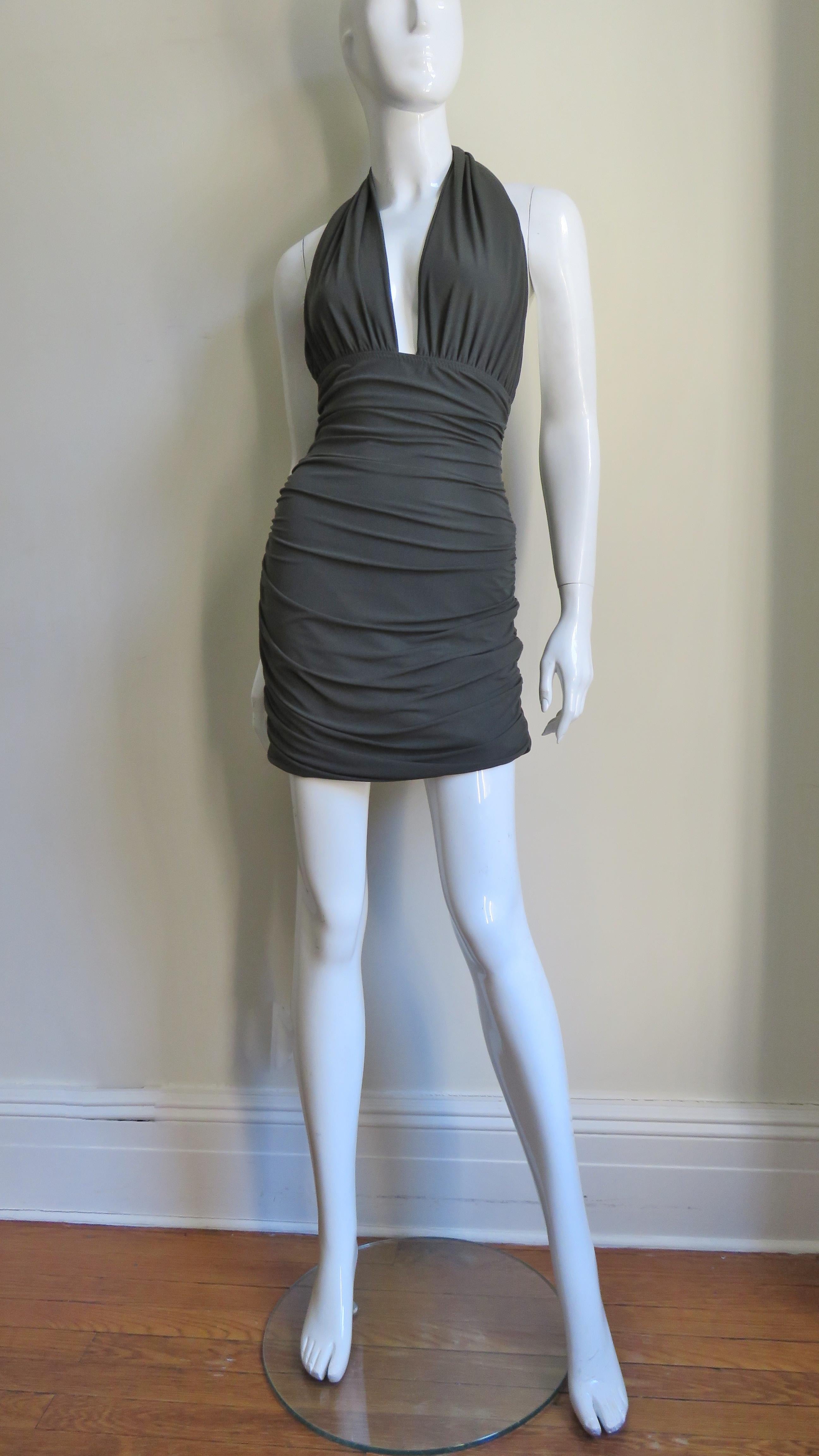 Norma Kamali Omo Olive Plunge Halter Dress 1980s In Good Condition In Water Mill, NY