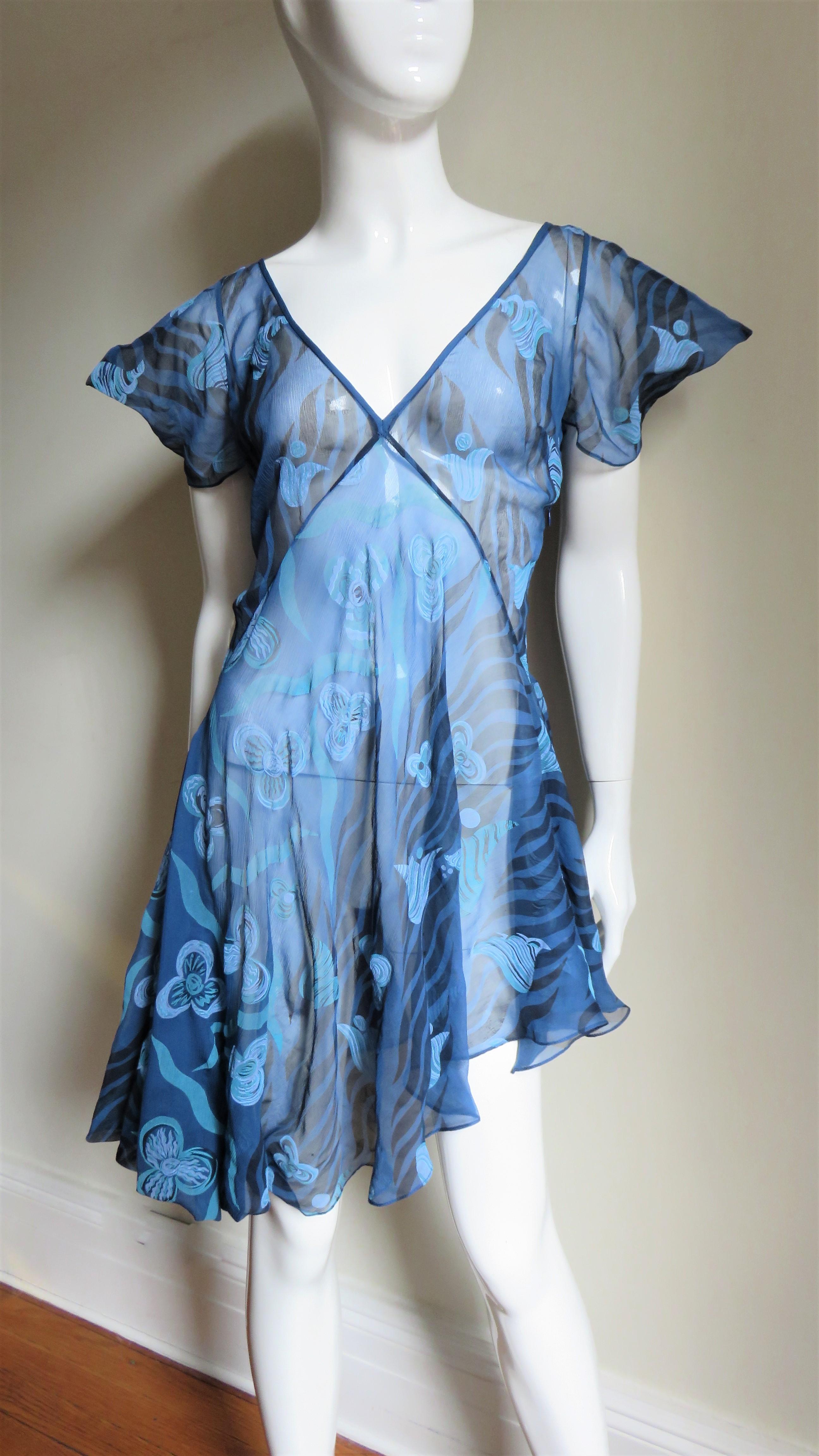 Blue 1990s Zandra Rhodes Asymmetric Silk  Dress