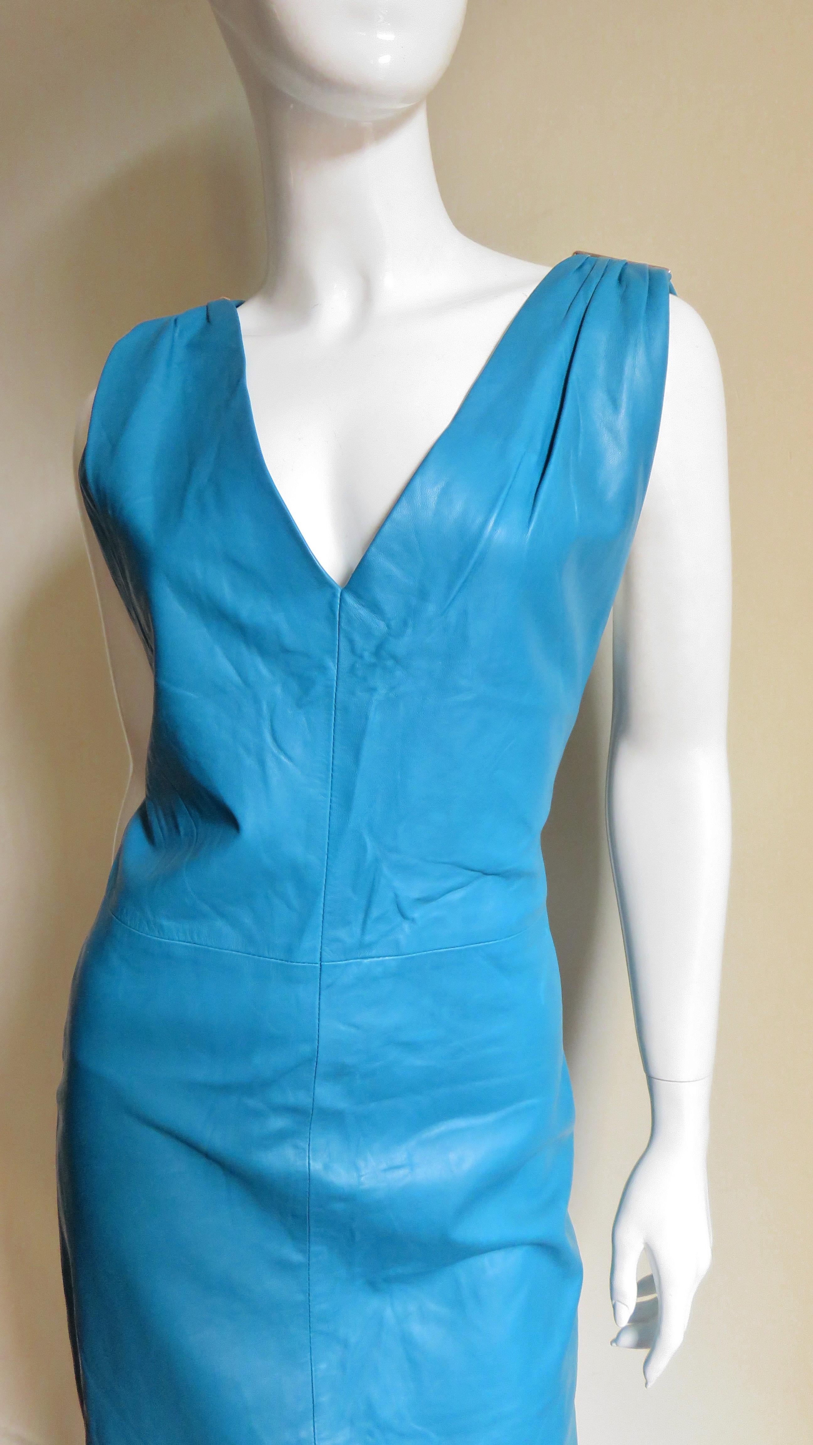 Blue  Gianni Versace New Turquoise Leather Dress 1990s For Sale