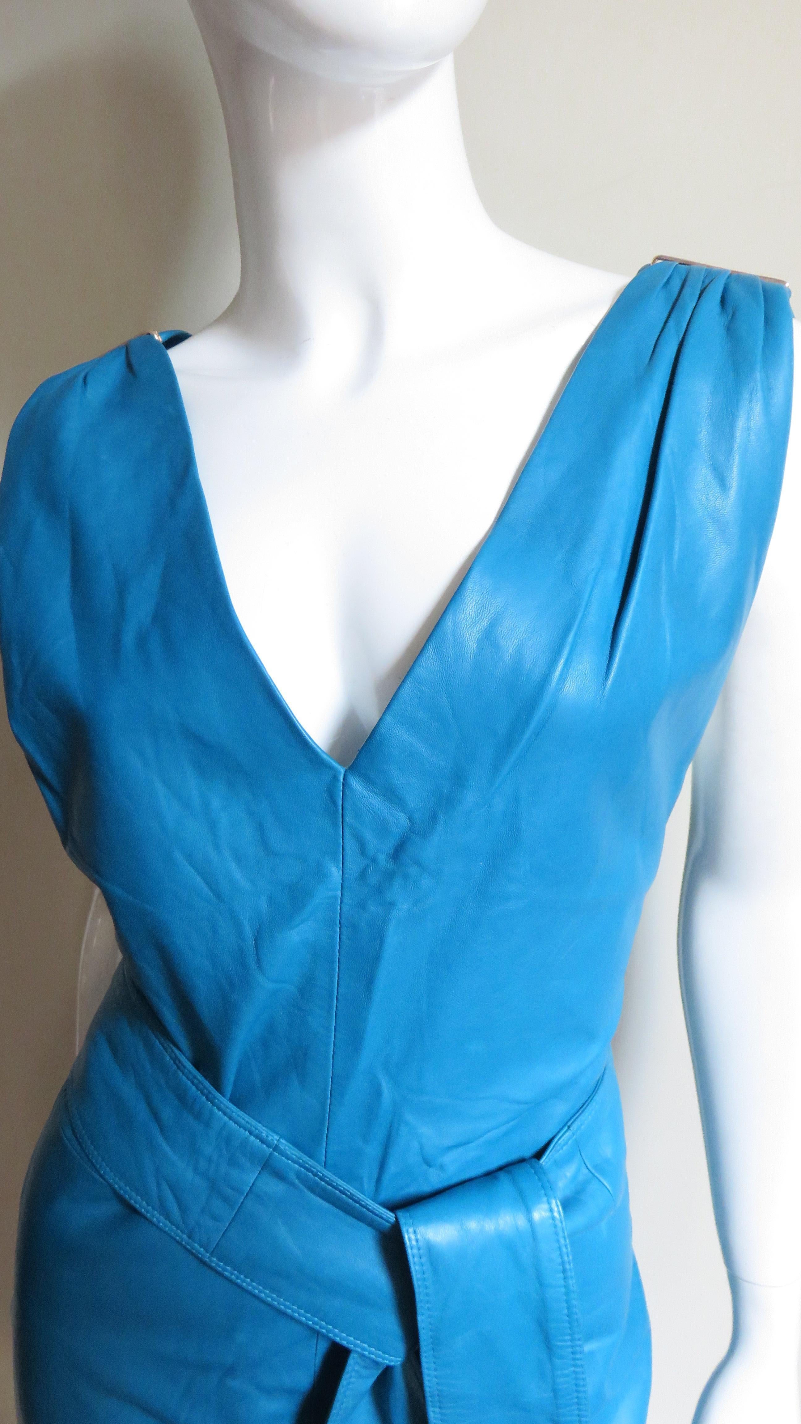  Gianni Versace New Turquoise Leather Dress 1990s In Good Condition For Sale In Water Mill, NY