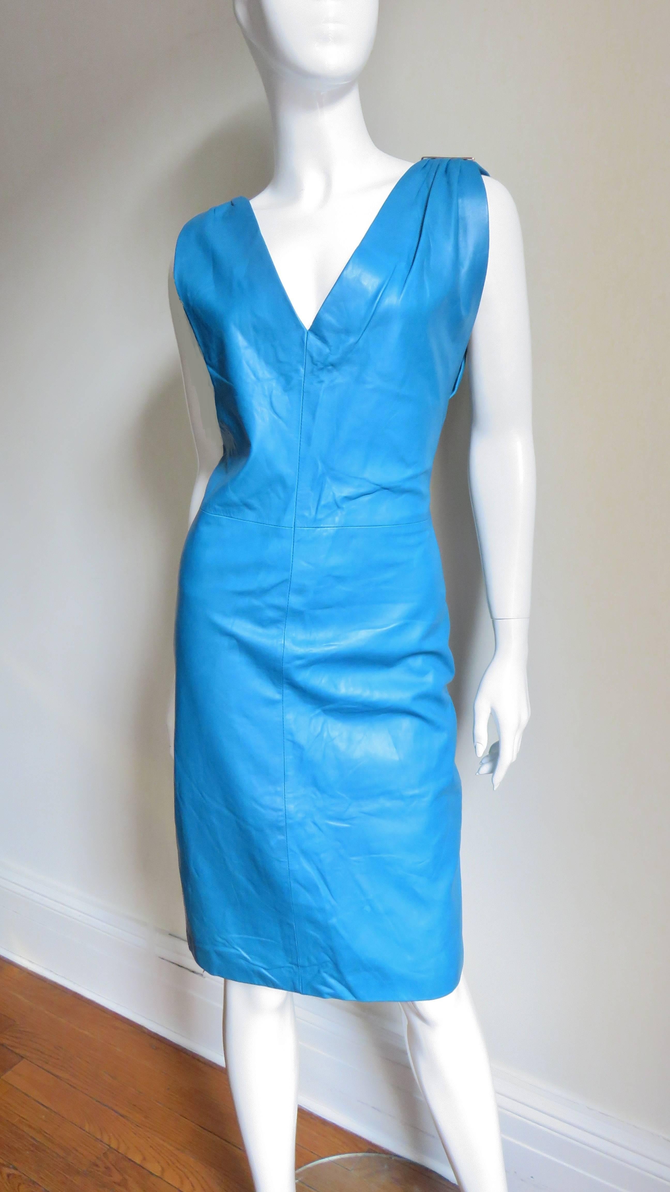  Gianni Versace New Turquoise Leather Dress 1990s For Sale 1
