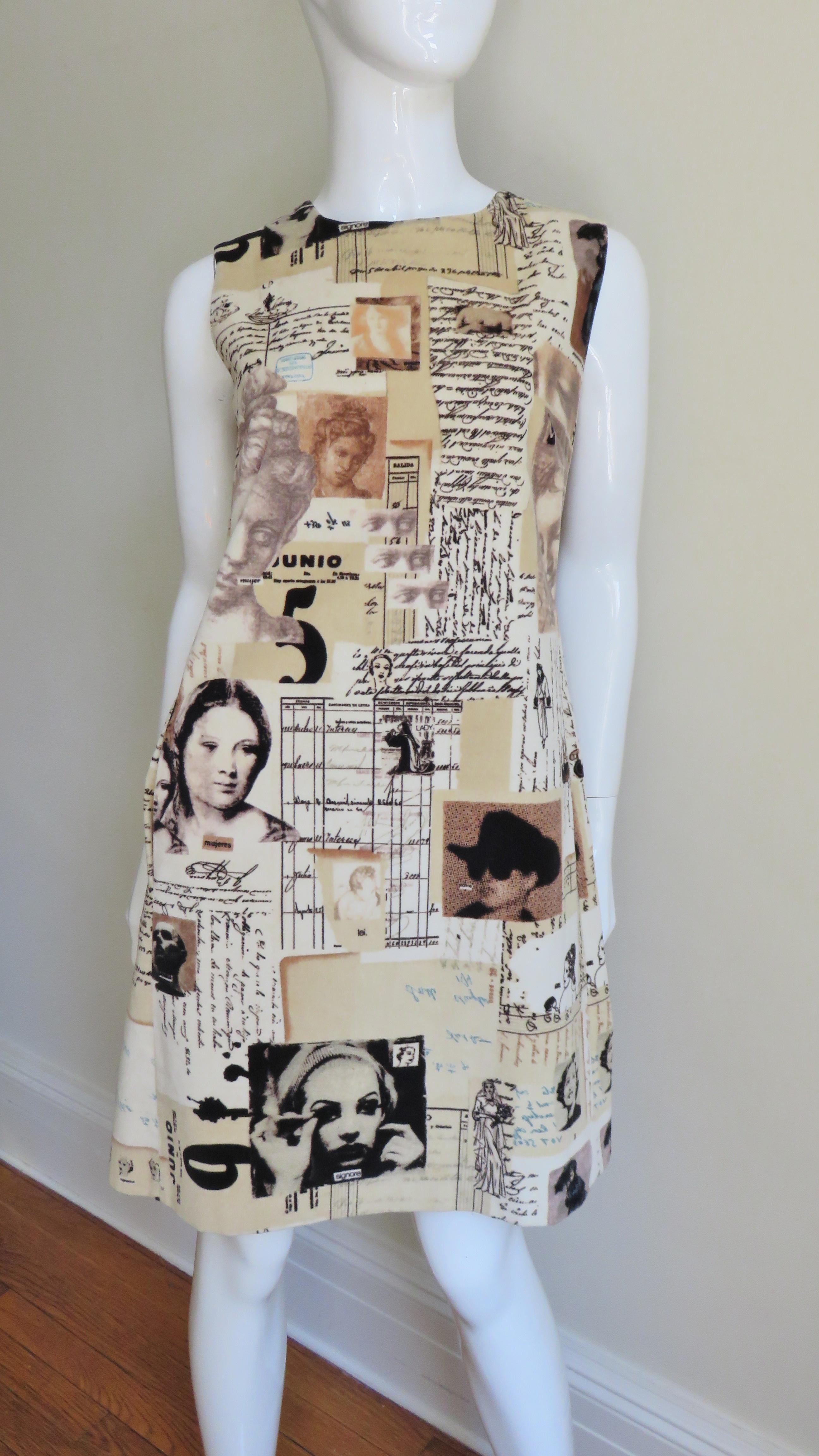A velvet dress by Moschino with a bevy of patterns, prints and photos in shades of beige, brown, and black.  The print is amazingly detailed with photo prints of silent screen stars, works of art, writings, brides, nuns, numbers etc..  It is a
