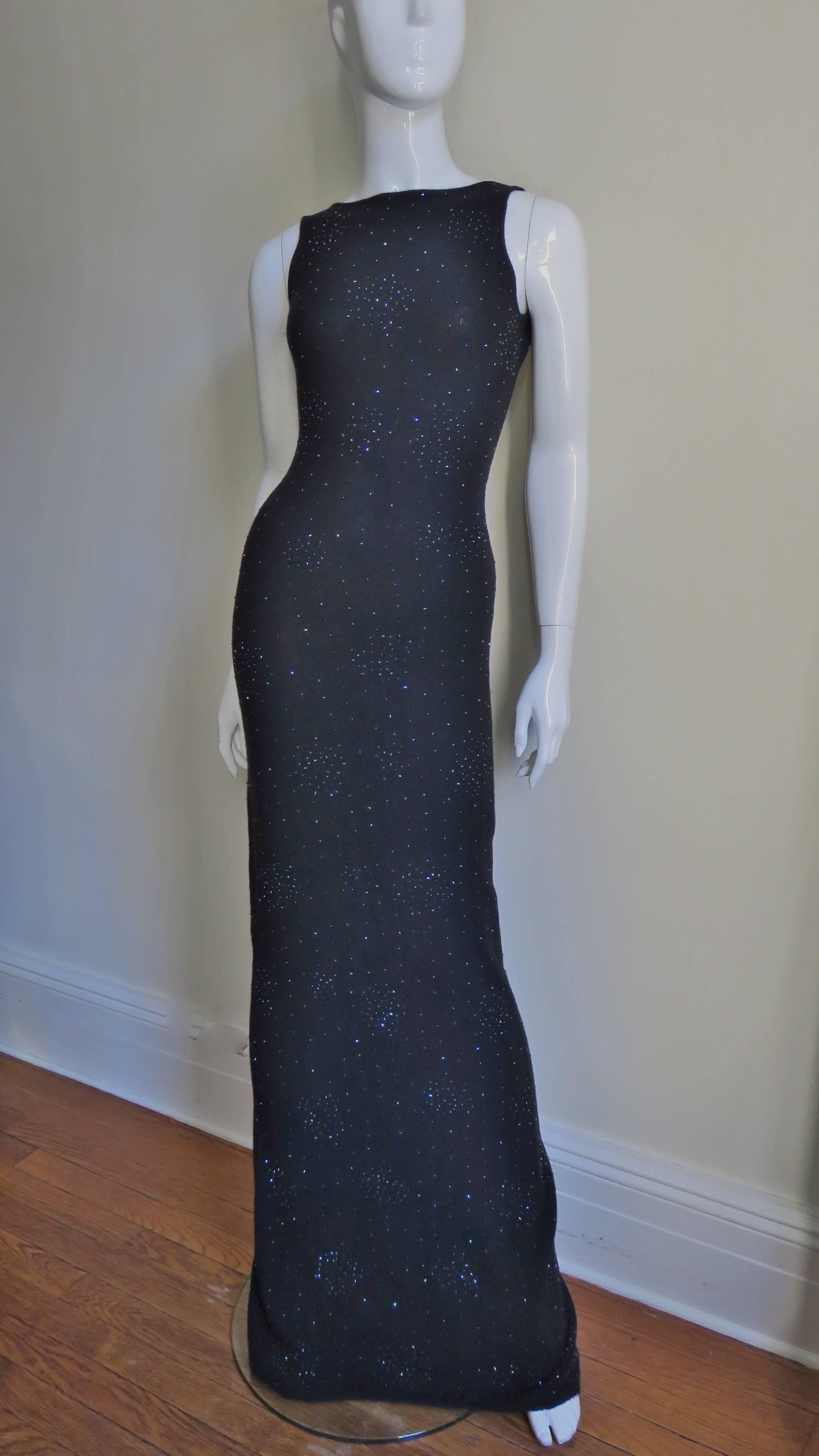 Vintage Halston Grey Cashmere Beaded Plunge Back Column Maxi 1