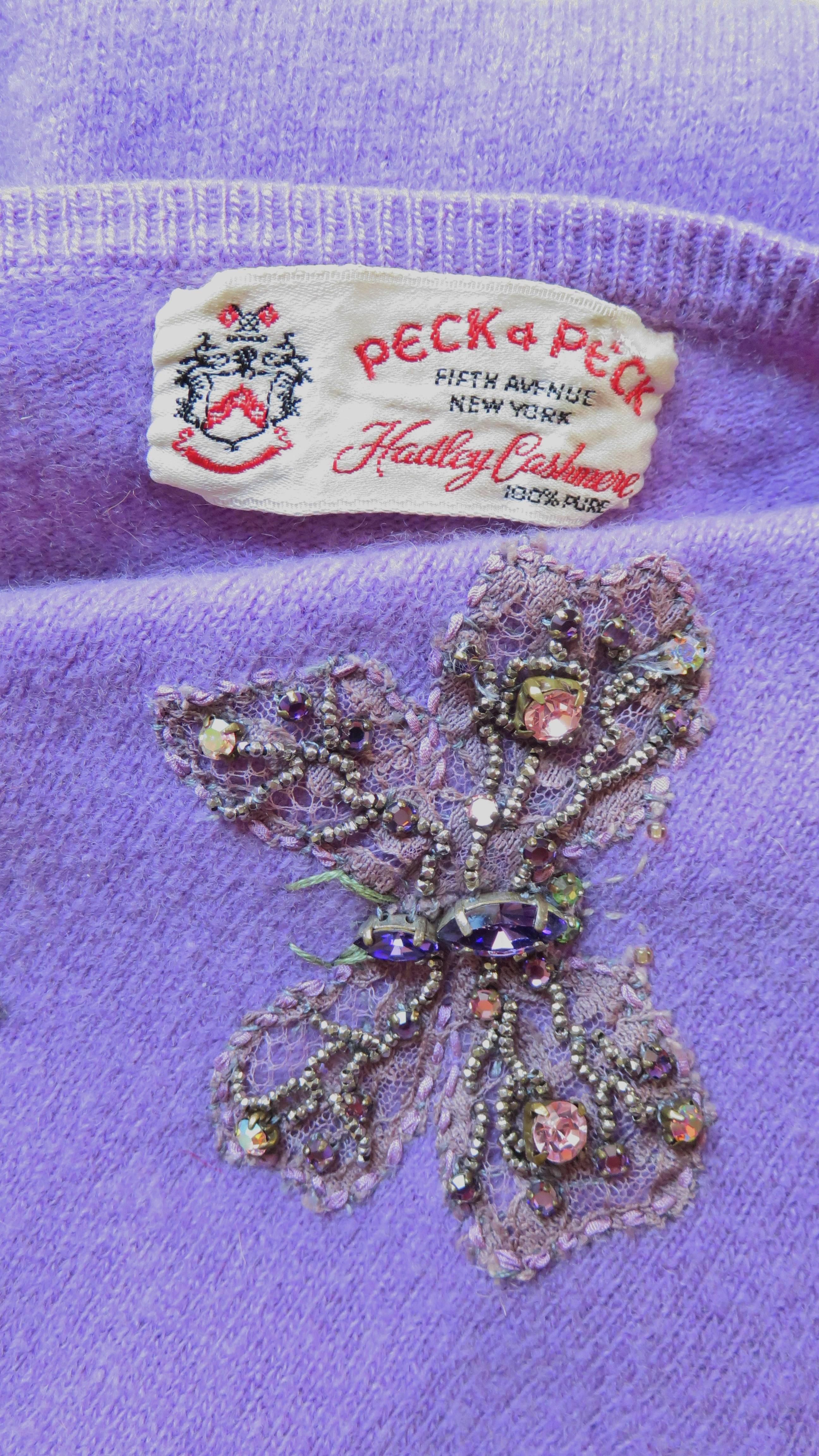 Purple 1950s Peck & Peck Butterfly Beaded Cashmere Sweater