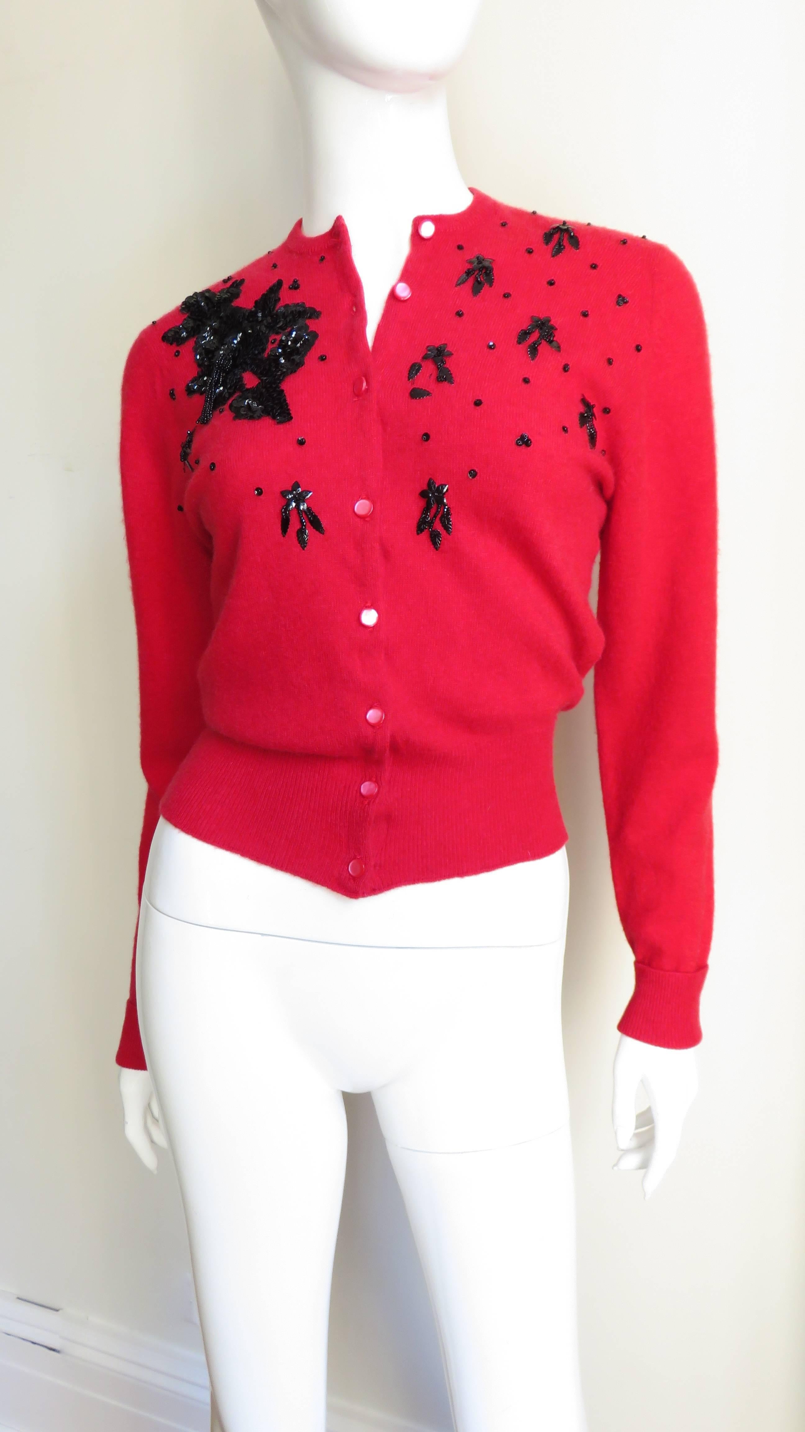 Red 1950s Lyle & Scott Beaded Cashmere Cardigan Sweater For Sale