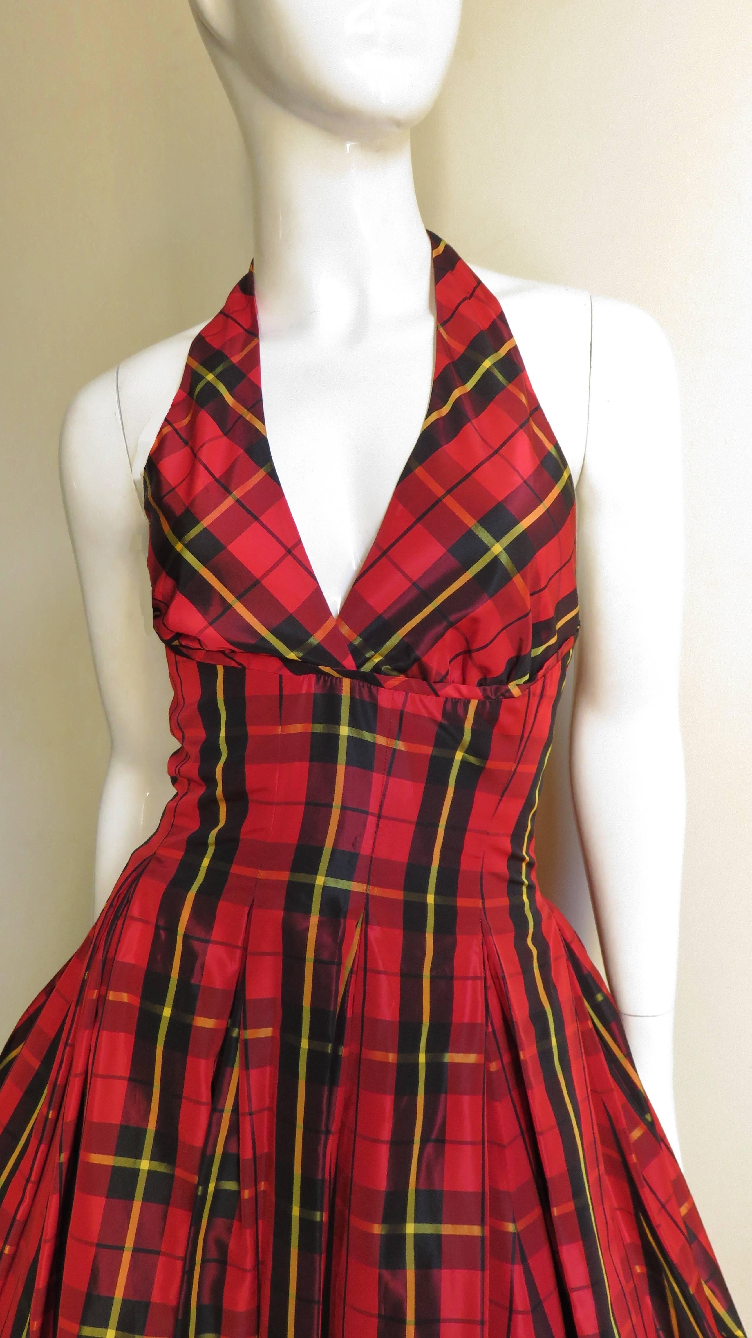 Red 1990s Moschino New Plaid Taffeta Halter Dress