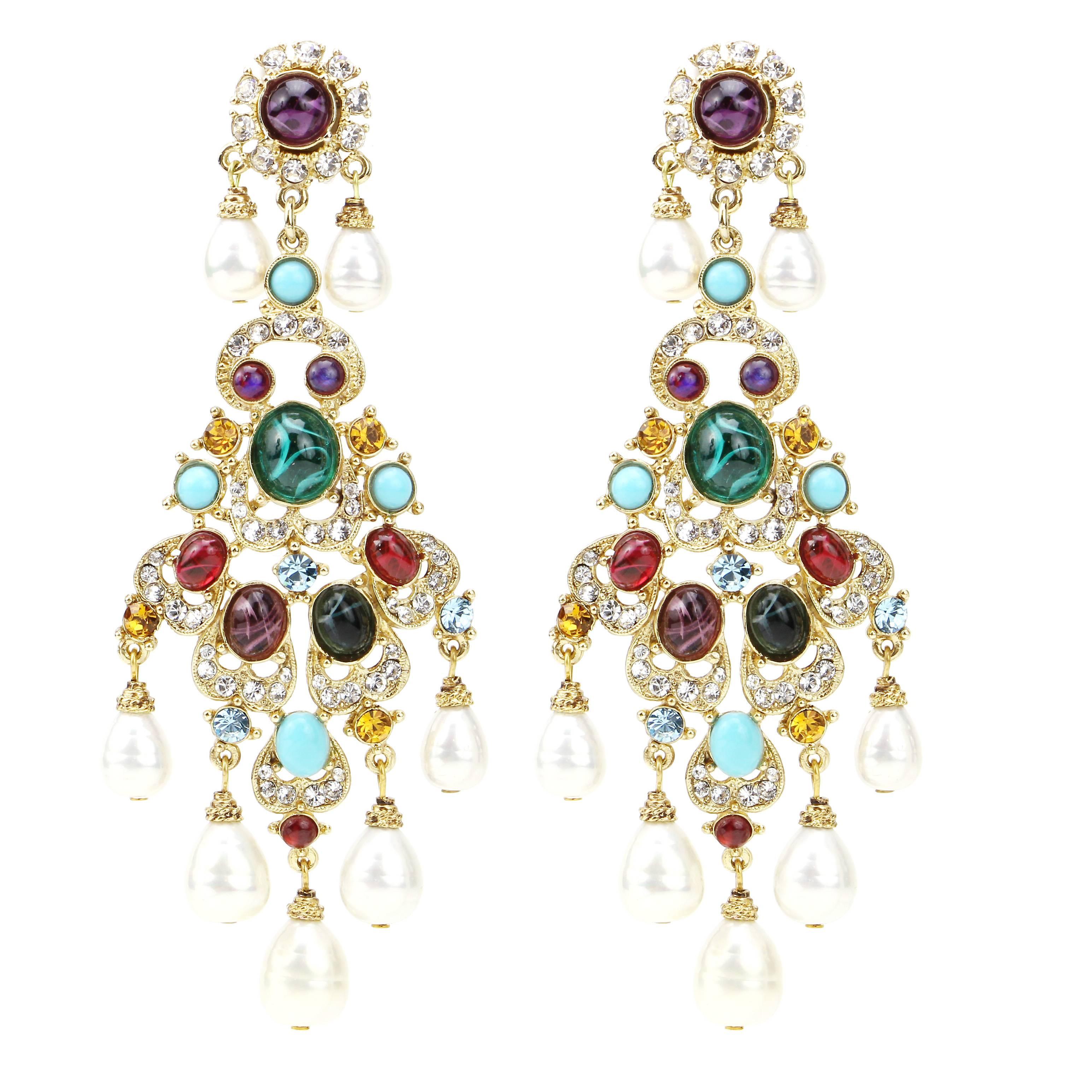 Dramatic Chandelier Earrings with Pate de Verre stones and white Pearls.
Gold plated.Post backing.