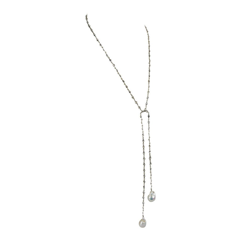 Baroque Pearl Drops Faux Diamond Lariat Sterling Silver Necklace