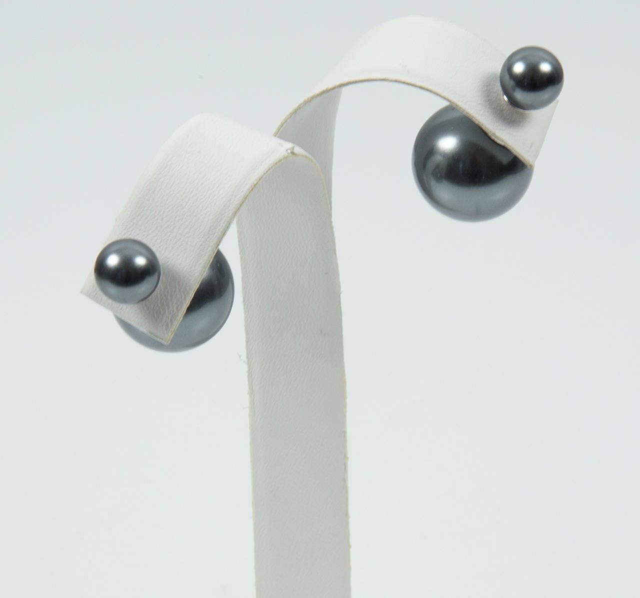 Modern Double Faux Silver Grey Pearl Sterling Silver Stud Earrings For Sale