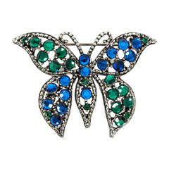 Broche papillon bleu et vert en strass de Weiss