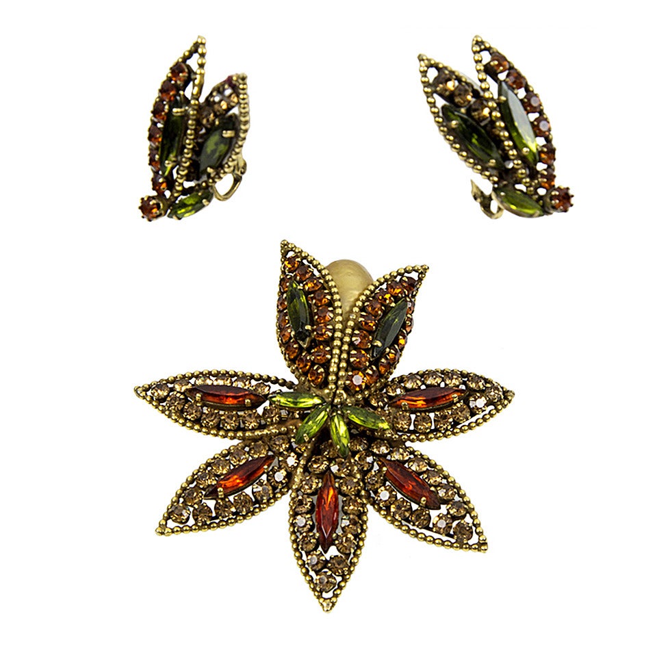 Vendome Rhinestone Lily Flower Brooch Pin and matching Earrings C1950s