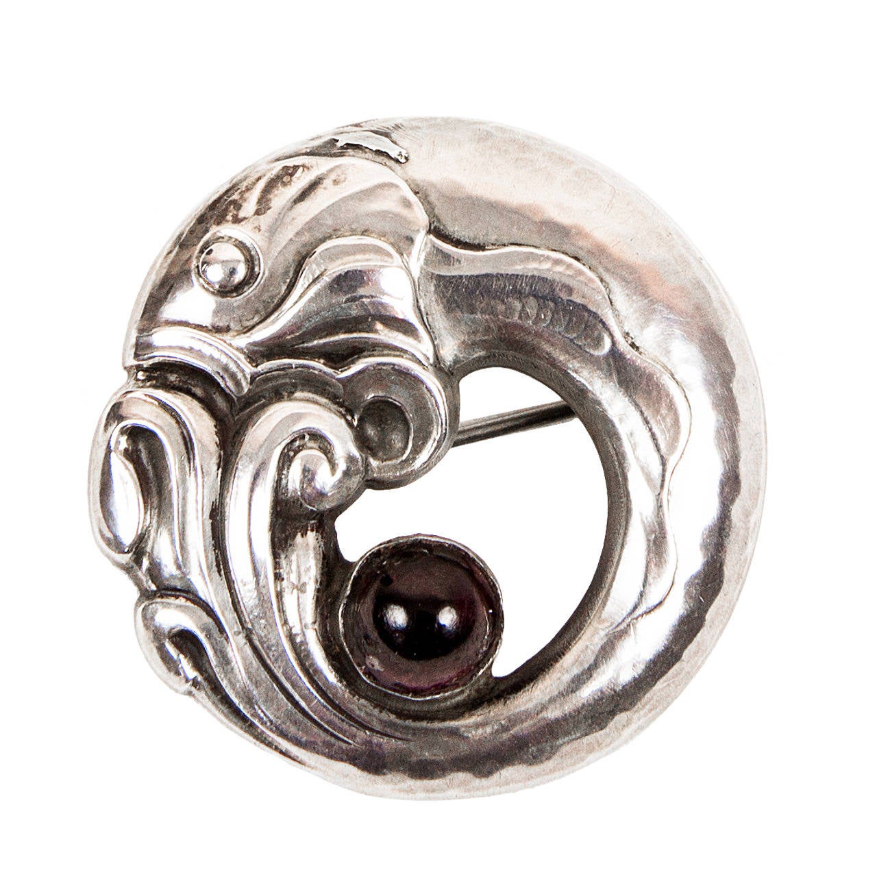 Georg Jensen Fish Sterling Silver Garnet Brooch Pin