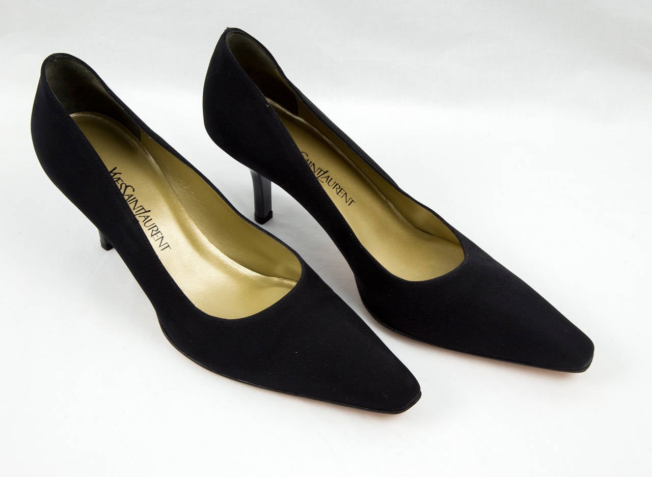 Classic and Timeless Yves Saint Laurent Black pointed Shantung Satin Pumps with  shiny Black 3” Heels; Yves Saint Laurent  fully lined gold interior; Signature leather sole: Made in Italy 9 ½ M. Step out in Style Anytime Day or Night!