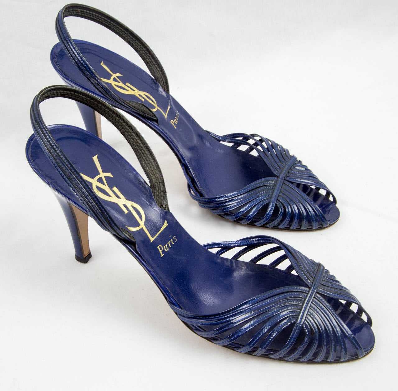 Purple Yves Saint Laurent Paris Blue Patent Leather Sandal Shoes 39.5
