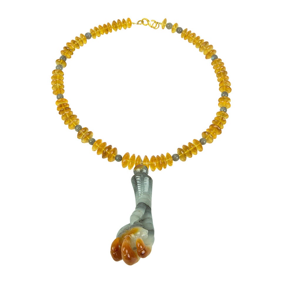 Citrine and Hand Carved Agate Eagle Claw Pendant Necklace Estate Fine Jewelry For Sale