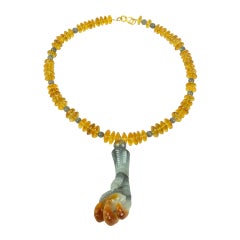 Retro Citrine and Hand Carved Agate Eagle Claw Pendant Necklace Estate Fine Jewelry