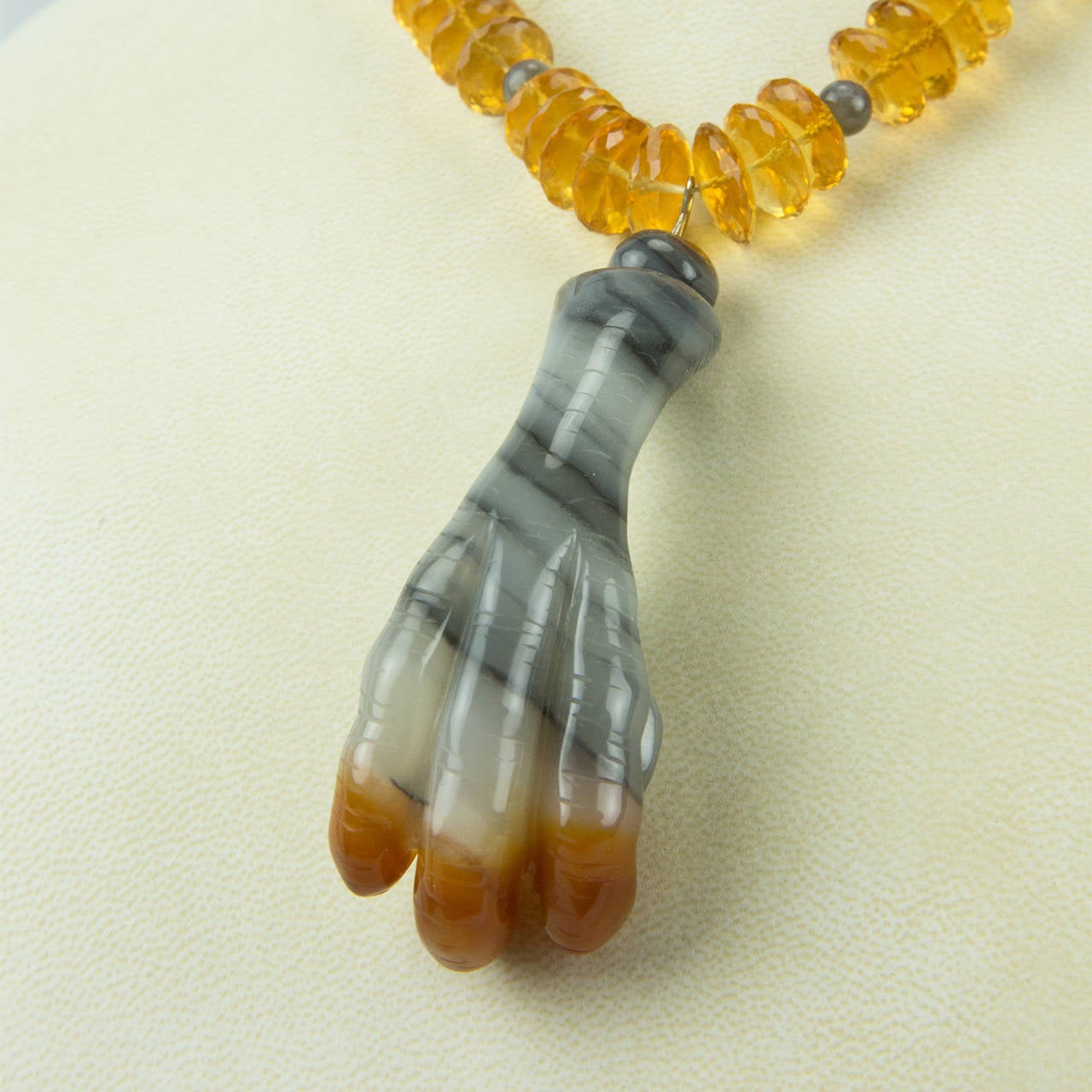 Mixed Cut Citrine and Hand Carved Agate Eagle Claw Pendant Necklace Estate Fine Jewelry For Sale