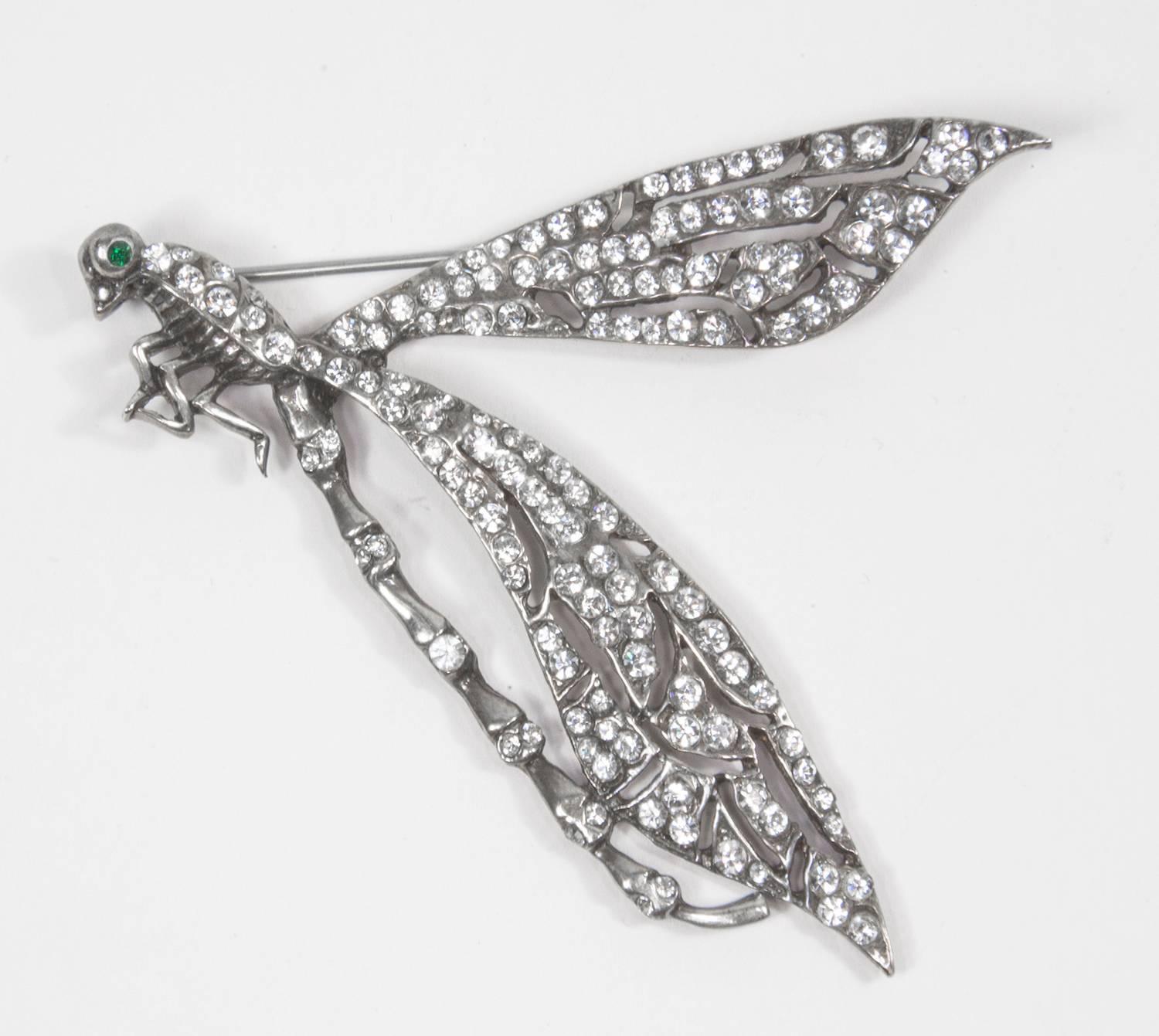 Modernist Stunning Large Runway Cubic Zirconia Sterling Silver Dragonfly Brooch Pin