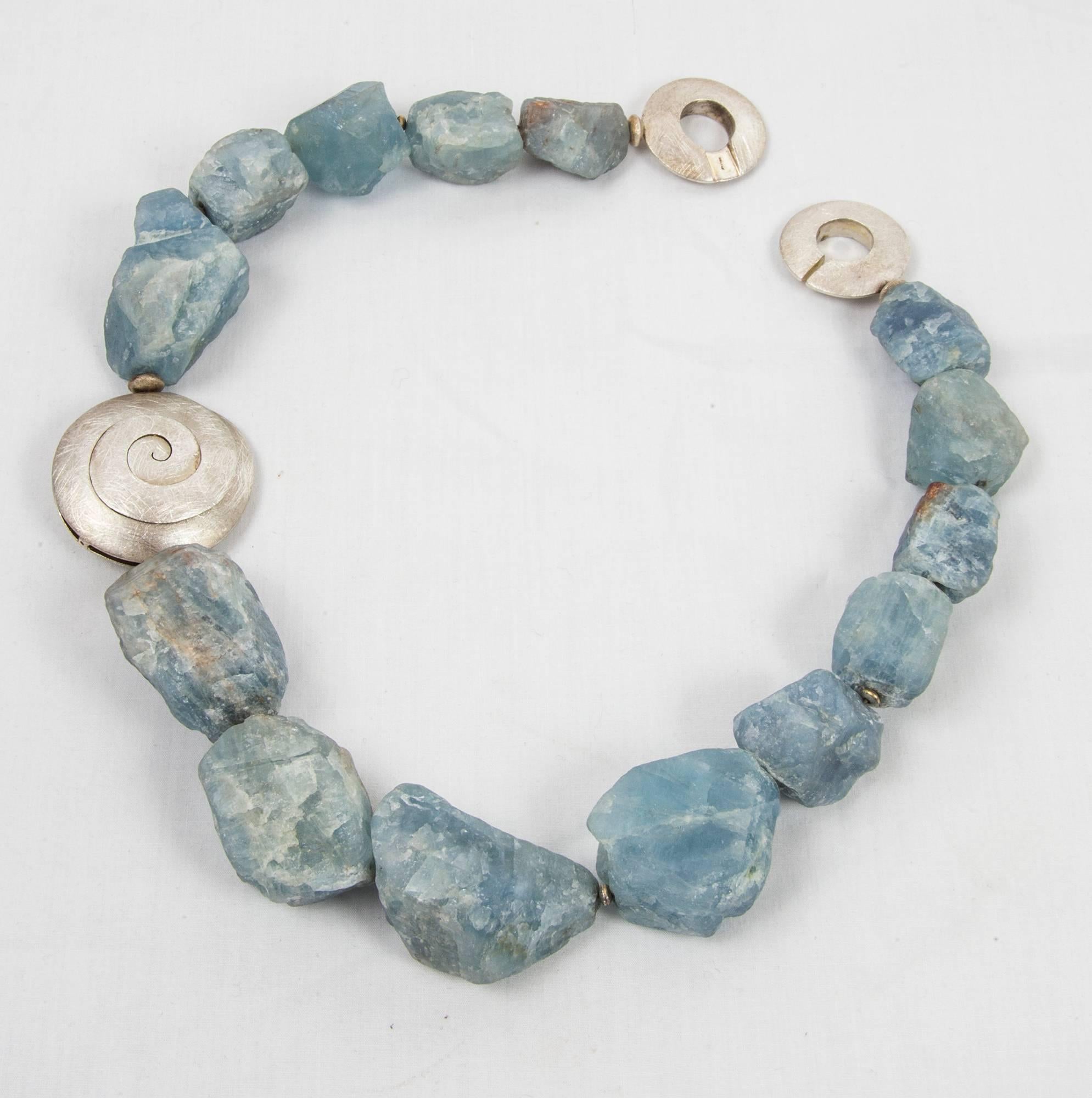 Modern Genuine Natural Freeform Aquamarine Nugget Sterling Silver Necklace  For Sale