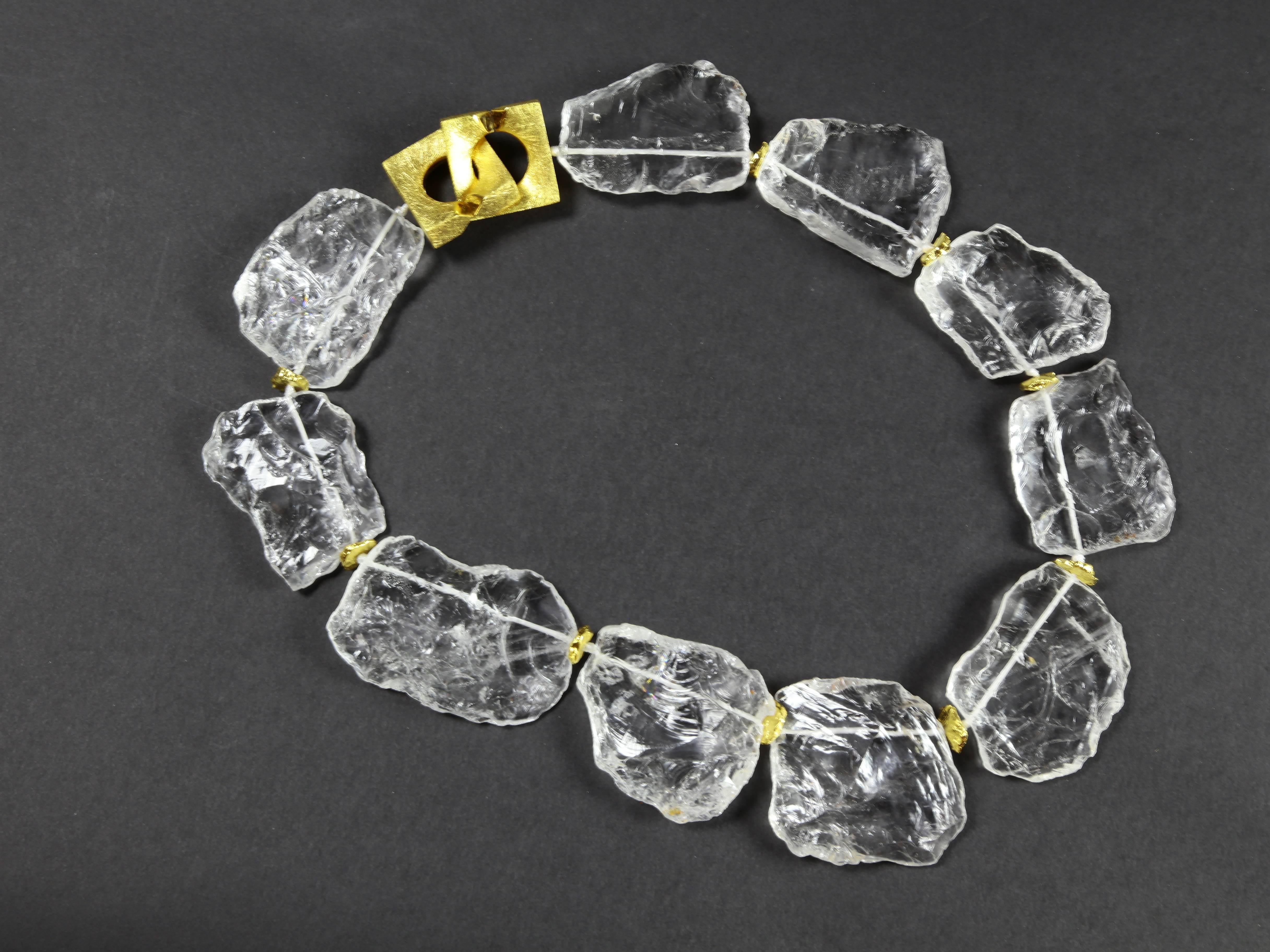 Modernist Fabulous Chunky Natural Rock Crystal Gilt Sterling Silver Necklace