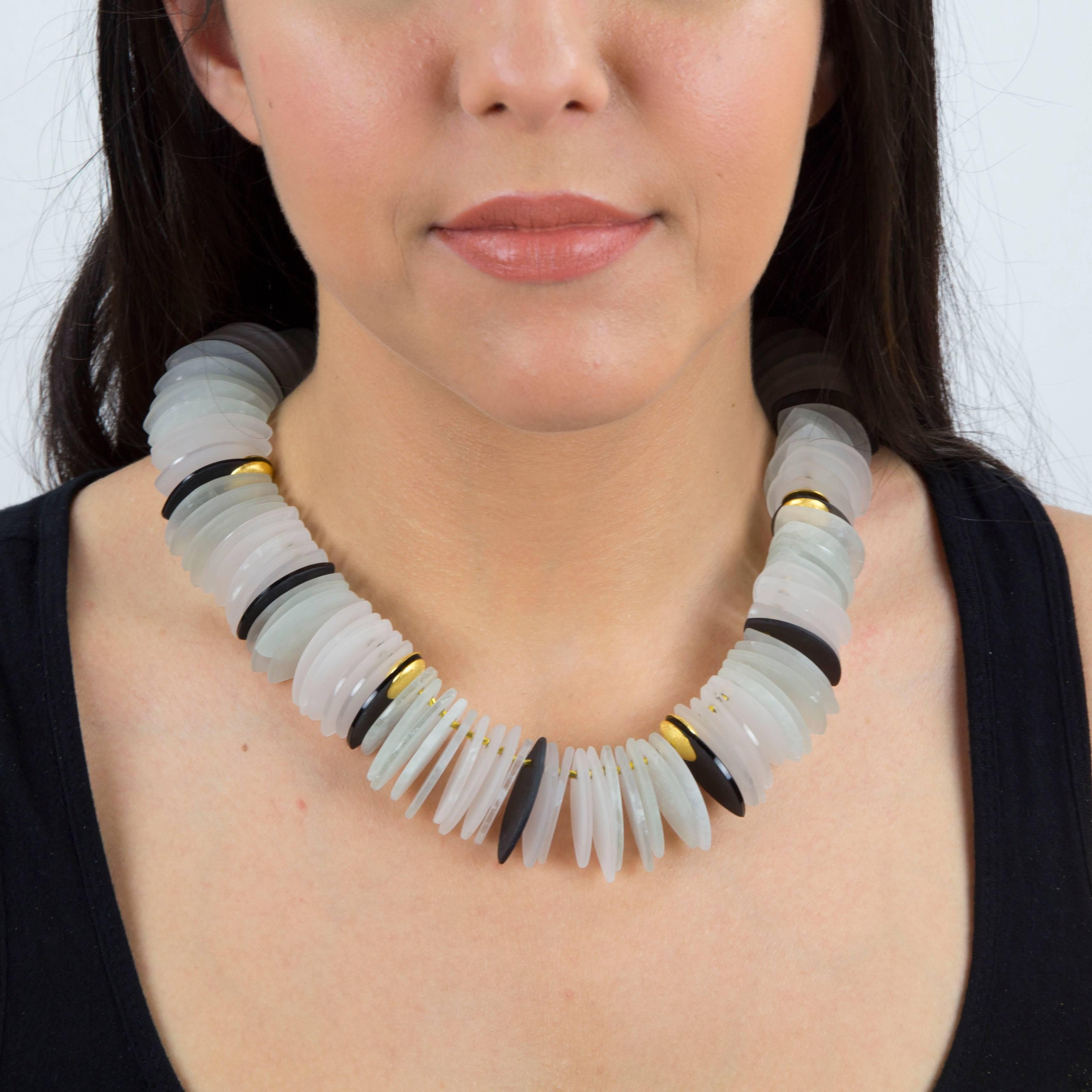 Beautiful Handmade Gemstone Runway Necklace featuring pear shaped Black Obsidian and Crystal, inter-spaced with Gilt Sterling Silver spacers and held by a Dynamic Gilt Sterling Silver clasp. 
I’m constantly inspired by the places I visit and the