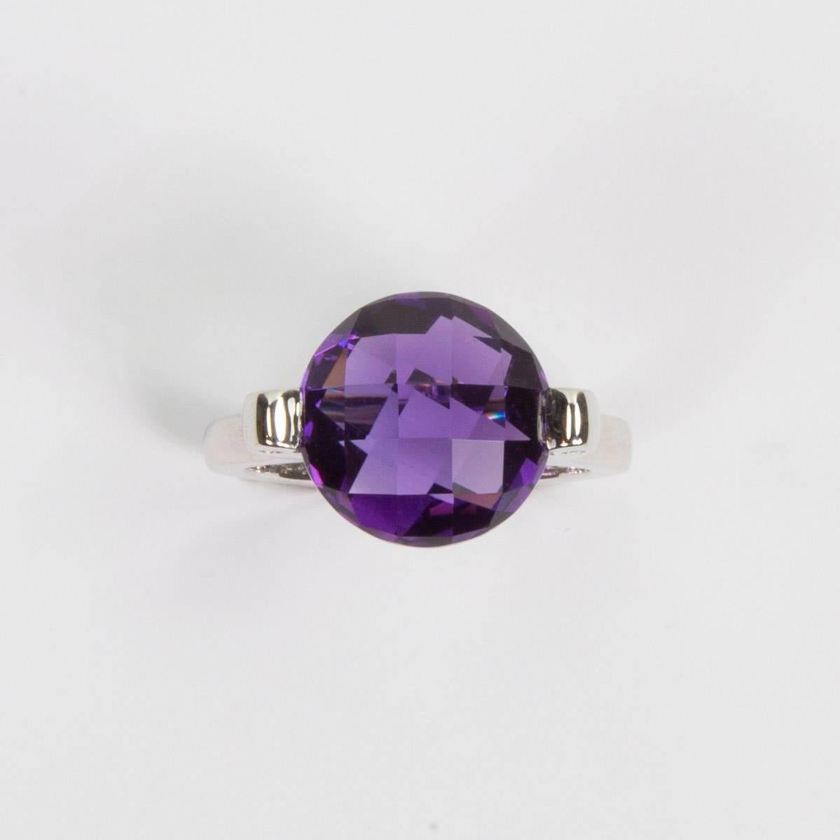 Beautiful Dynamic Solitaire Ring featuring a 15mm Checkerboard Amethyst, enhanced  either side by 2 CZ; great attention to detail! Distinctive Sterling Silver Tarnish-resistant Rhodium mounting; marked: 925; Size 8.5; ring re-sizing available on