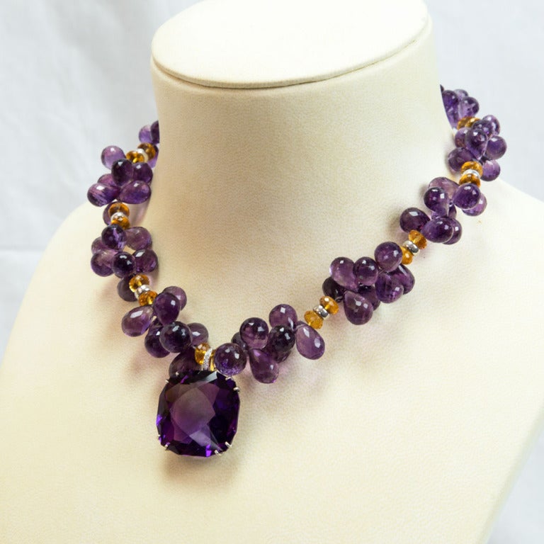 Beautiful Teardrop Amethyst Necklace inter-spaced with Natural Citrine Rondelles, suspending a square facet-cut Amethyst Pendant in handmade 14k white gold and diamond mounting. Vintage pieces re-envisioned by Anna uniquely for us and for You! Chic