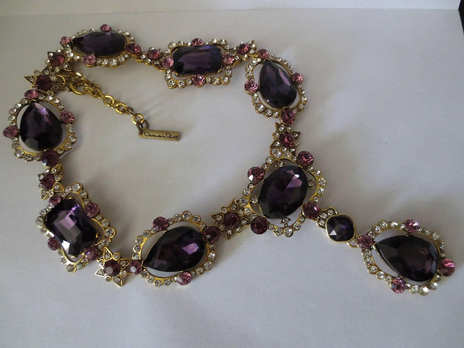 Stunning signed Oscar de la Renta Runway Chunky Necklace set with Faux Amethyst crystal and sparkling clear Rhinestones; Beautifully crafted! approx. 20 inches long with massive center drop approx. 5” long; adjustable chain; Awesome and Fabulous as