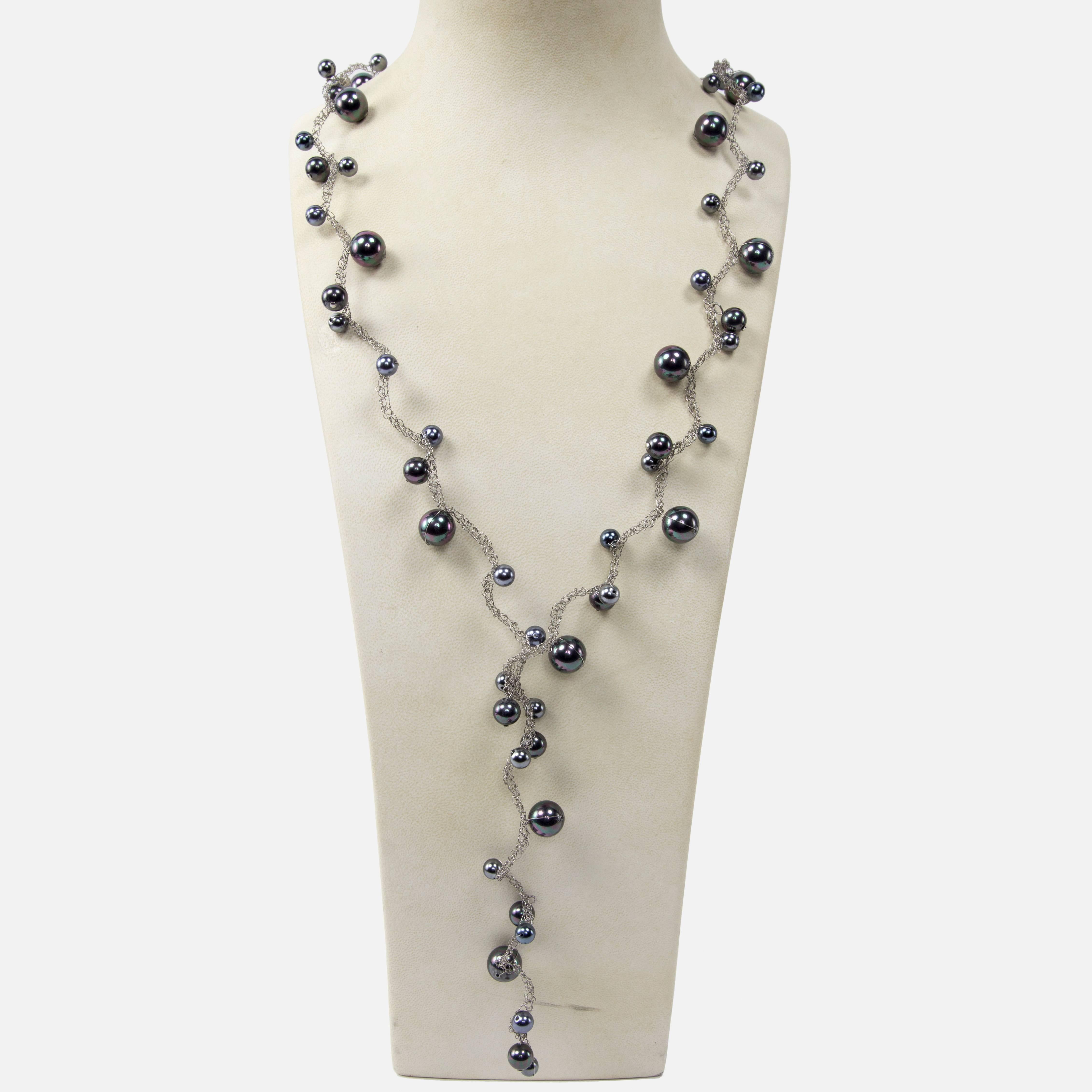 Long elegant & stylish Sautoir Necklace made of graduated round Faux Silver Grey Pearls on braided stainless steel wire chain; vintage; approx. pearl sizes: large 14.5mm; medium 10mm and small beads 8mm; approx. length of Necklace: 46