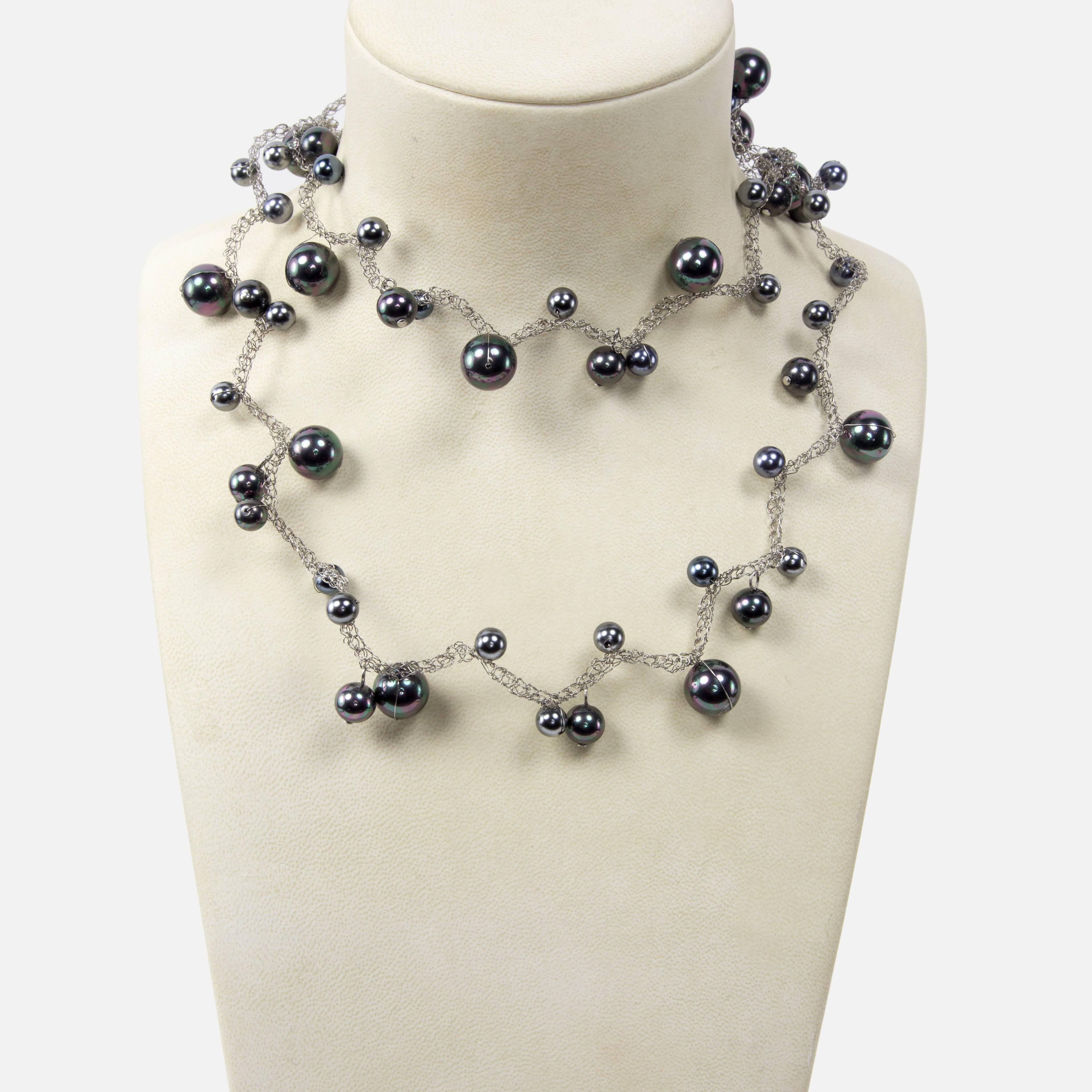 Modernist Long Silver Grey Faux Pearl Stainless Steel Sautoir Estate Statement Necklace For Sale