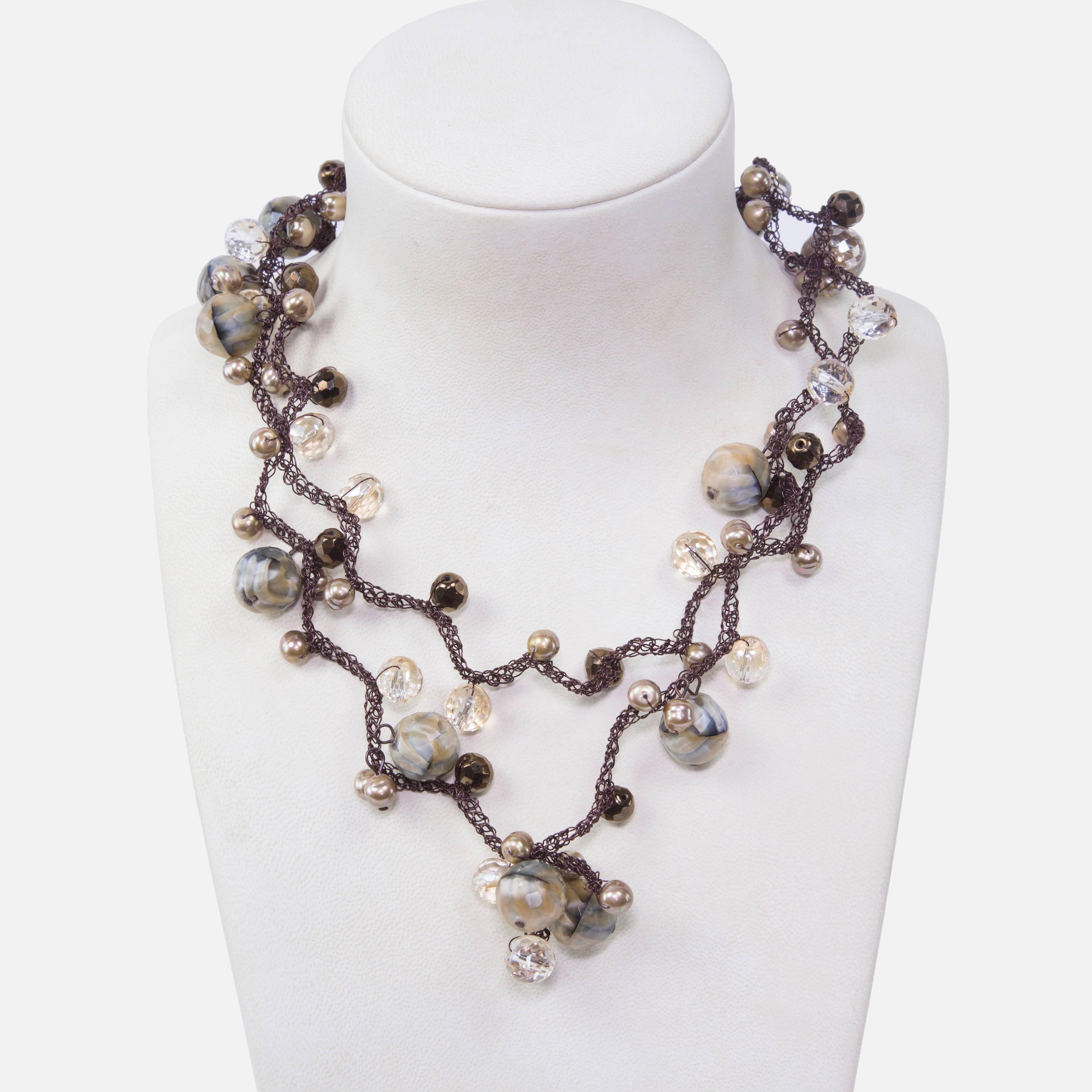 Long, elegant & stylish vintage Necklace made of large round Brown Marbled Faux Agate beads, inter-spaced with Faux Pearls and Crystals on braided stainless steel wire chain; approx. sizes: agate: 17mm; crystals: 11.5mm and pearls: 8.5mm each;