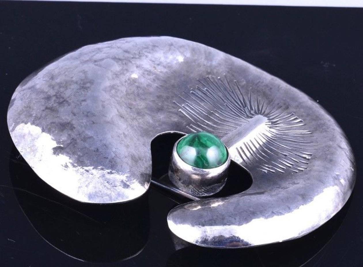 Large Modernist Abstract Sterling Silver Malachite Statement Brooch Pin 1