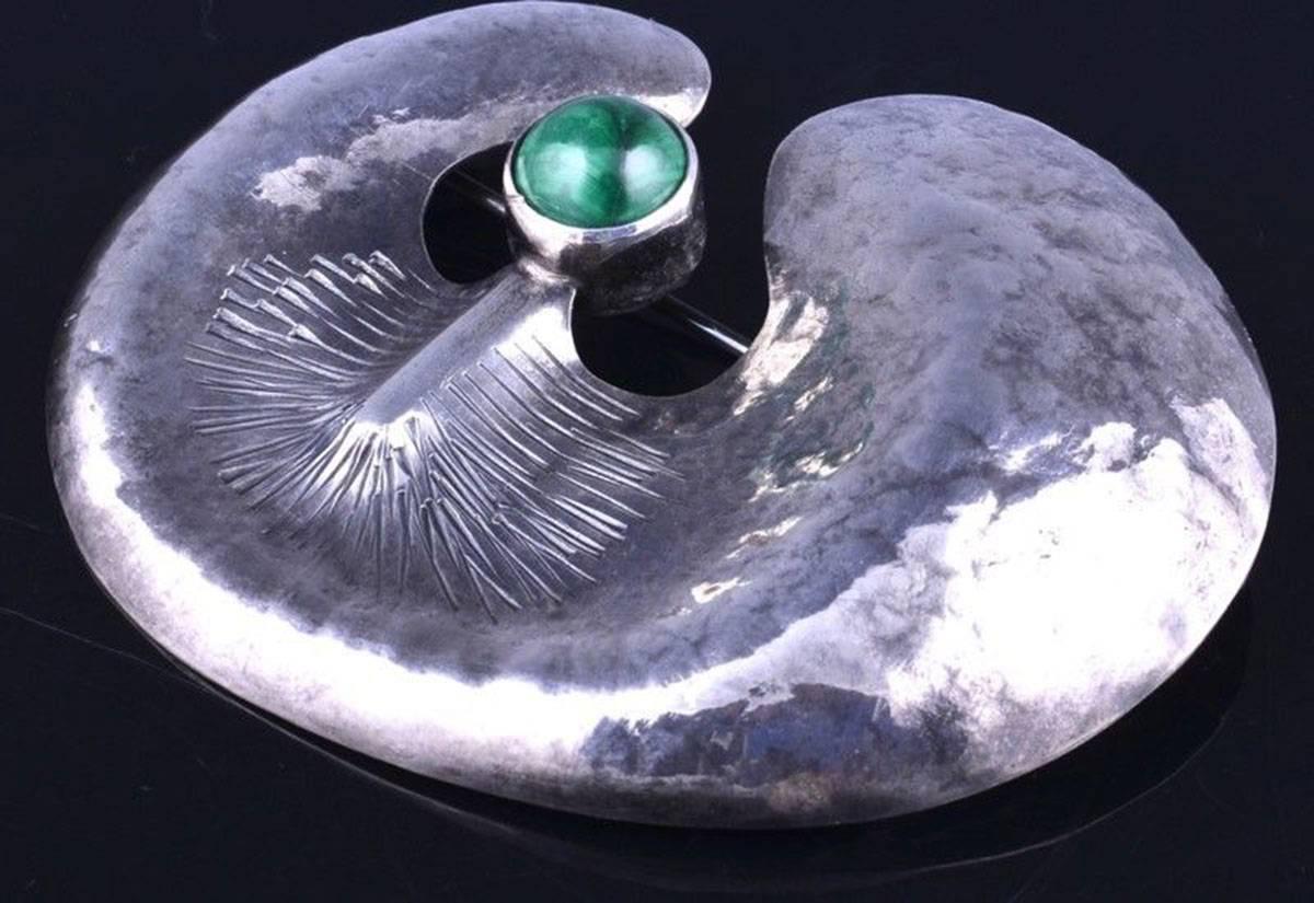 Women's or Men's Large Modernist Abstract Sterling Silver Malachite Statement Brooch Pin