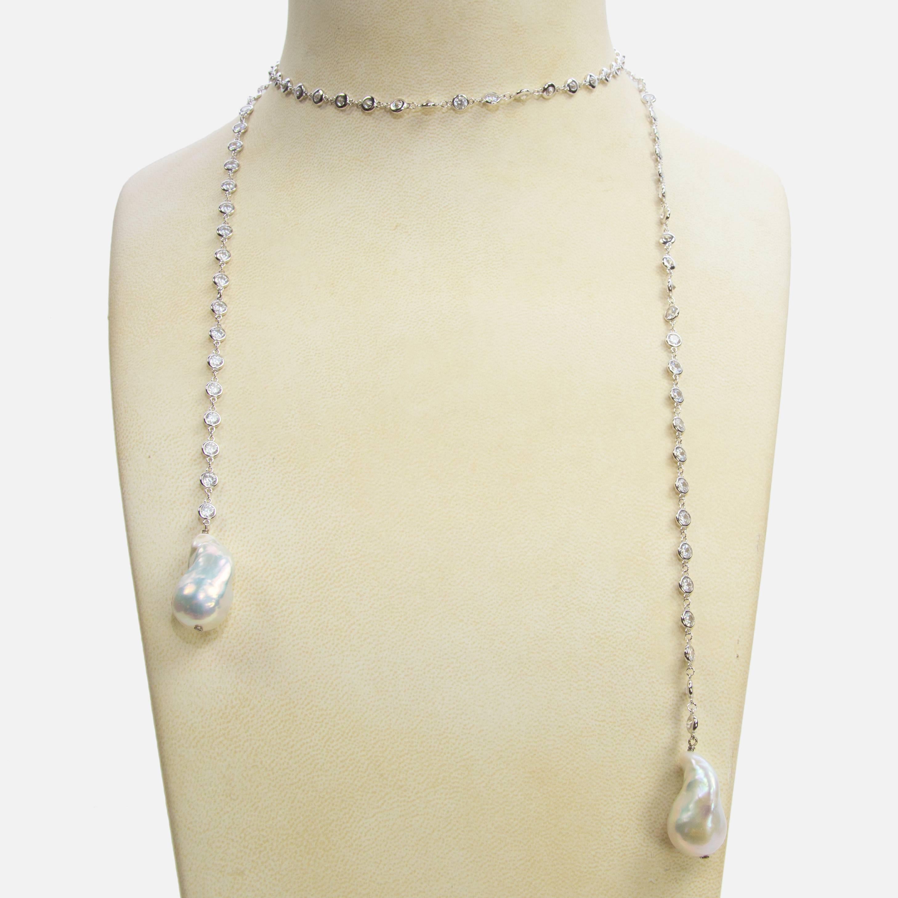 Contemporary Striking Faux Diamond Baroque Pearl Lariat Sterling Silver Runway Necklace