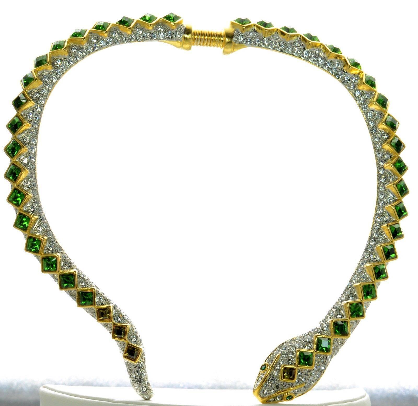 Sensational Snake Collar Necklace encrusted with sparkling Faux Diamonds and green Emeralds; signed on reverse: KENNETH J LANE MADE IN USA; approx.  .75” wide; Classic, Stylish, Beautiful and Fun to Wear! 

