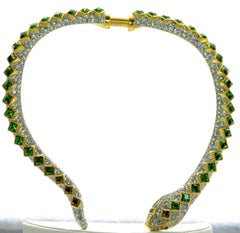 Signed Kenneth J Lane KJL Faux Diamond and Faux Emerald Snake Runway Necklace