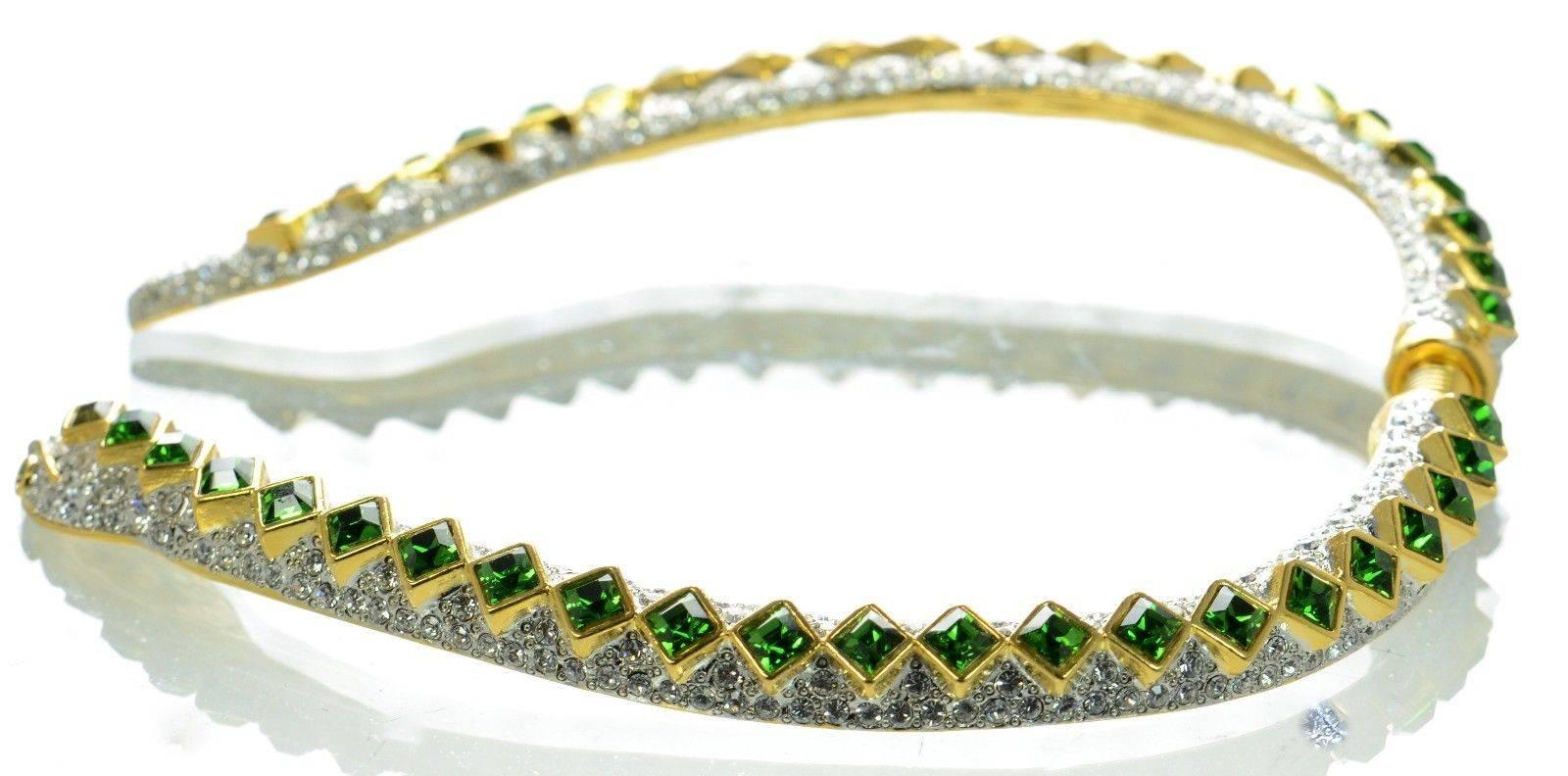 Contemporary Signed Kenneth J Lane KJL Faux Diamond and Faux Emerald Snake Runway Necklace