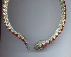 Signed Kenneth Lane KJL Faux Ruby Turquoise Snake Runway Collar Necklace
