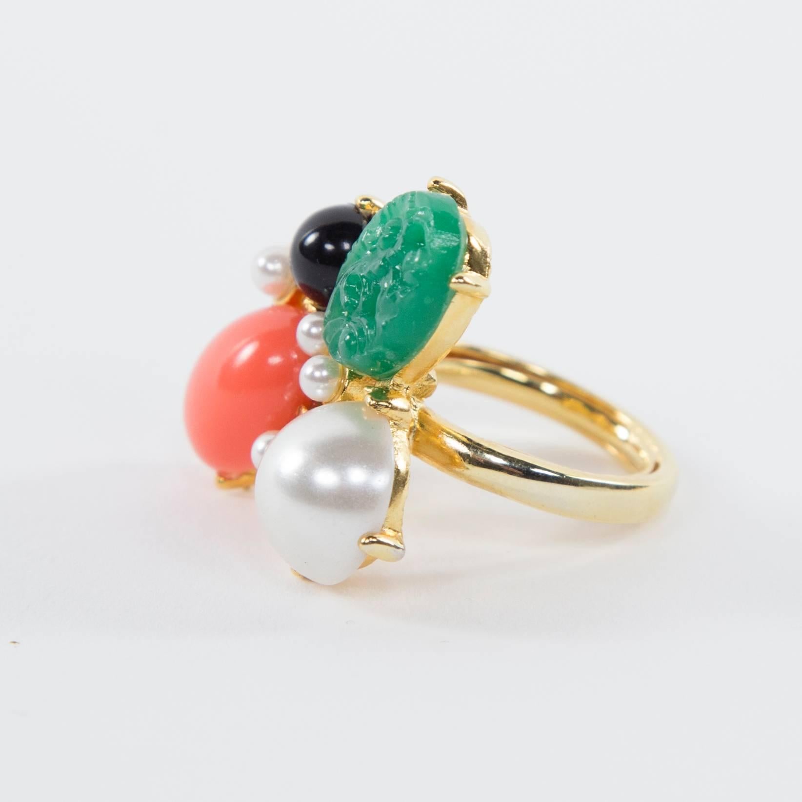 Beautiful signed Kenneth J Lane Luxurious and Exotic carved Glass Jade, Faux Coral and Pearl Ring with the true appearance of Natural Jade, Coral and Pearl; Rare, Highly Coveted & Iconic Piece. Signed & Made In USA. Very Luxurious with the True look
