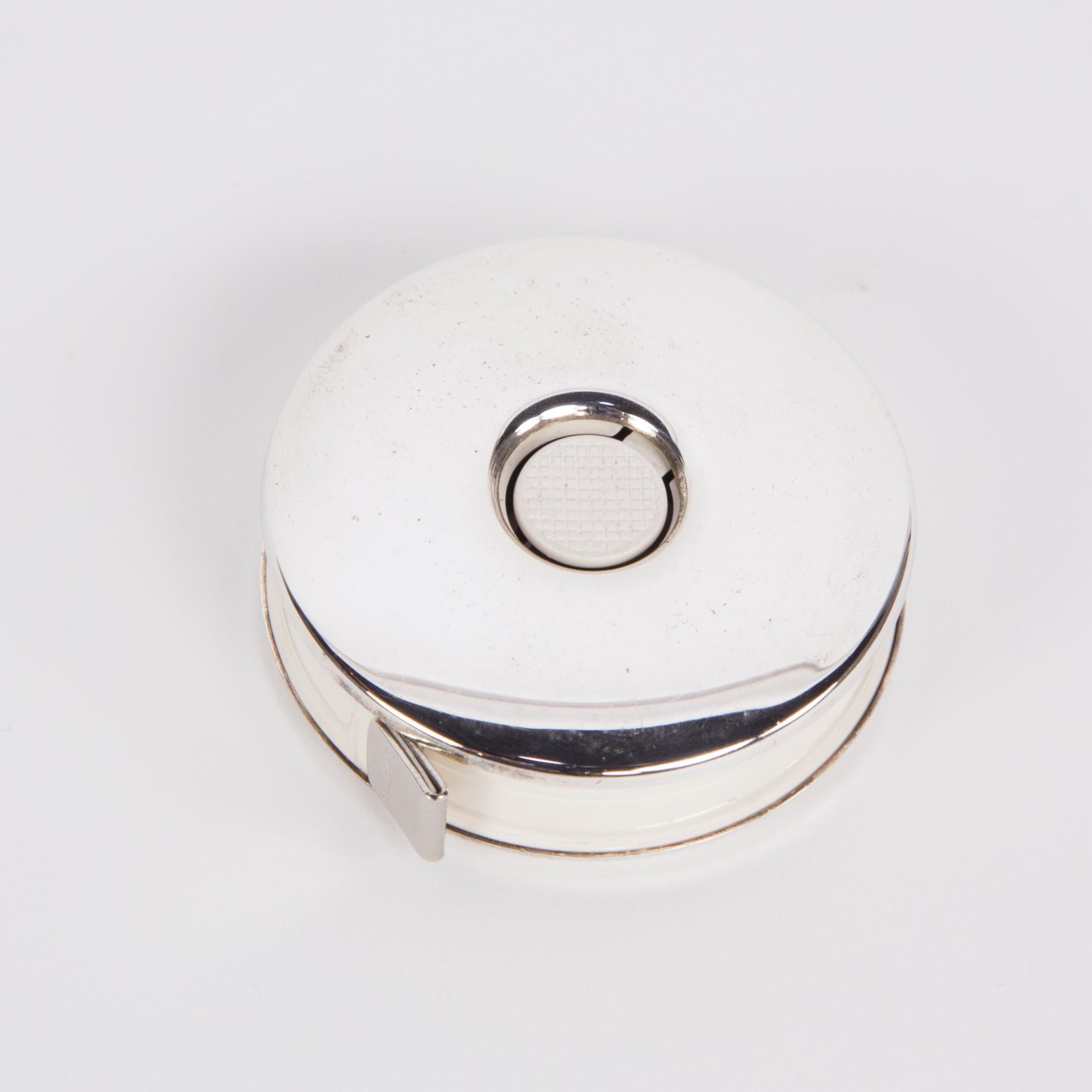 Classic Sterling Silver Circular Push Button Tape Measure; approx. 2” diameter  On your desk or on the go! 
