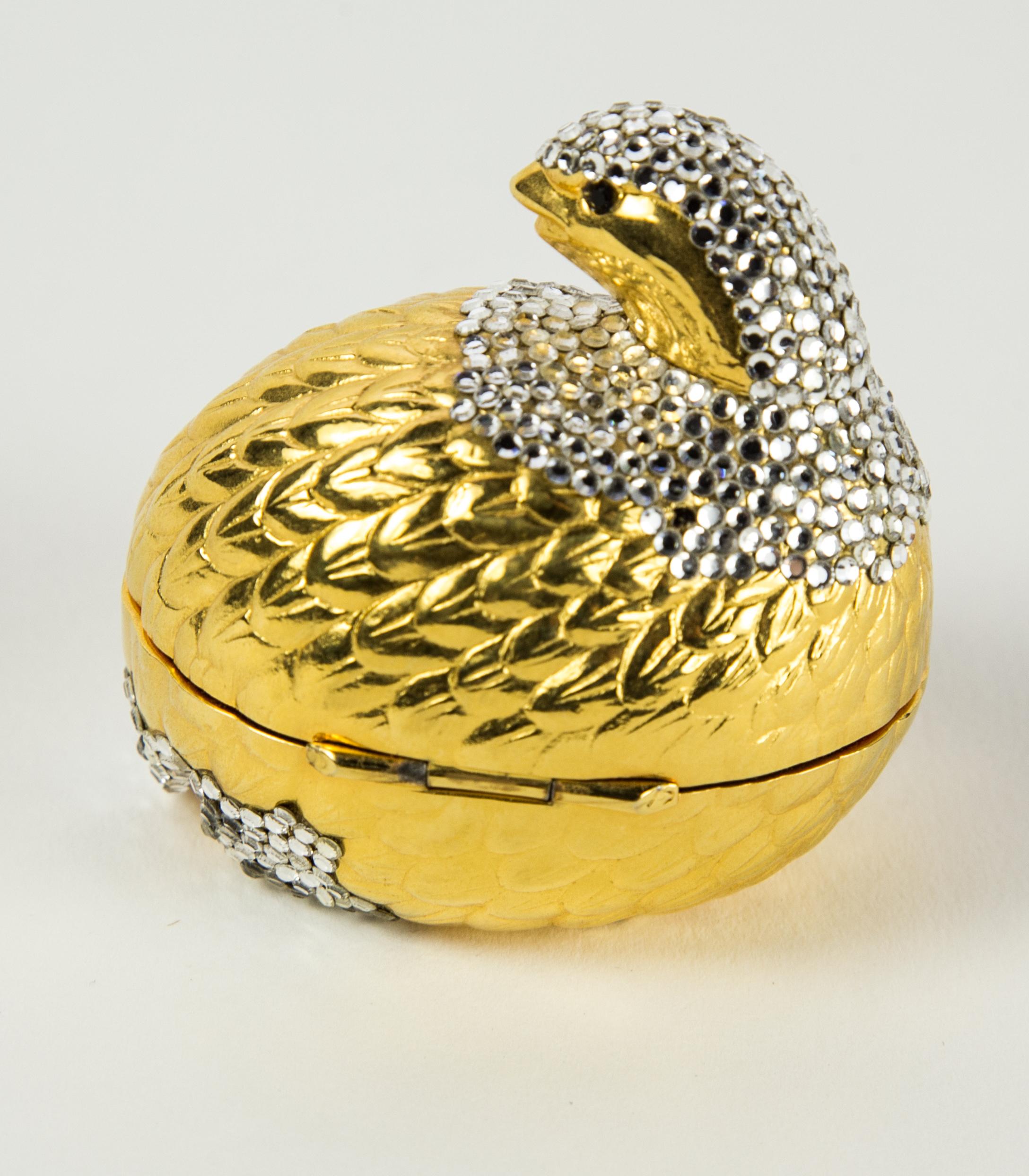 Beautiful signed Judith Leiber Golden Quail Pill Box enhanced with inlaid Swarovski Crystals; Approximate Size: 2