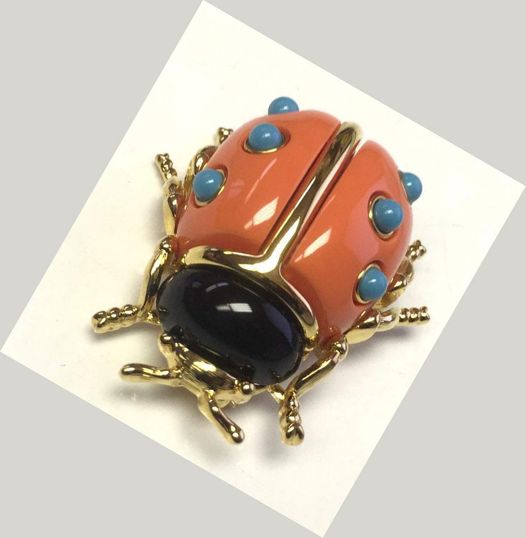 Modernist KJL Faux Coral and Turquoise Kenneth Jay Lane Ladybug Runway Brooch Pin 