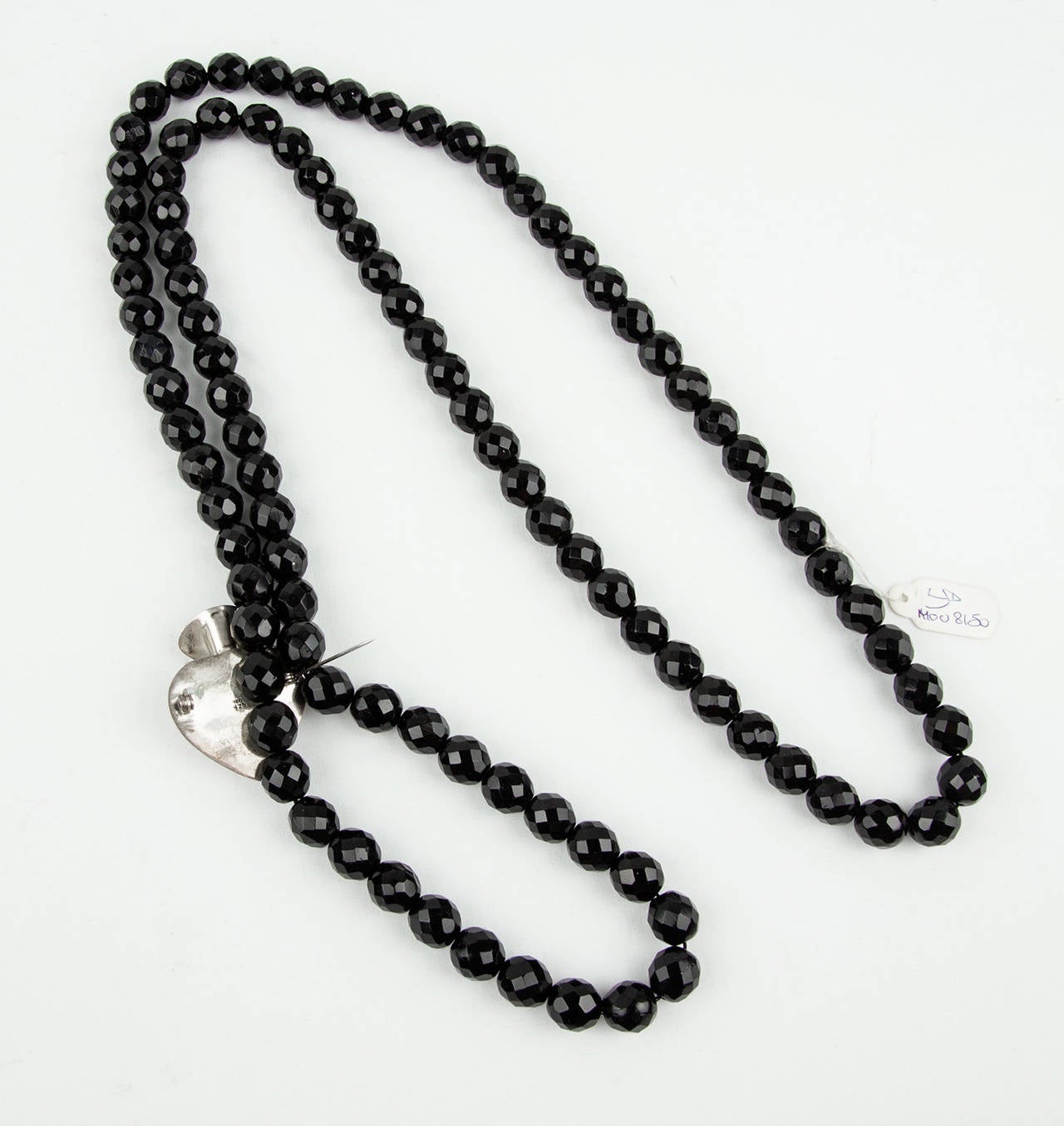 Women's French Black Jet Faceted Crystal Bead Necklace and Sterling Silver Posy Holder Brooch Pin