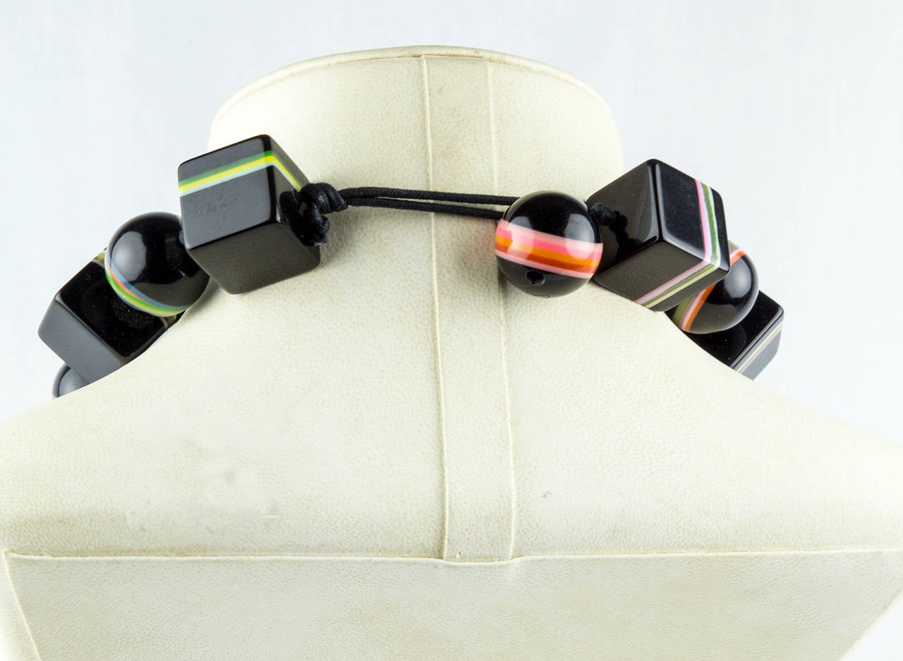 Modernist Rainbow Banded Black Cubic and Round Celluloid Bead Necklace