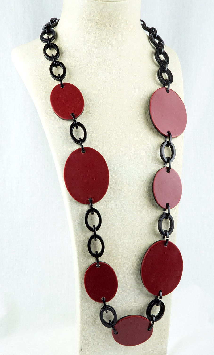 Fabulous! Black and Red Celluloid Disc and double Link Chain Necklace, So Versatile, can be worn as a belt and reverse it and it's all black; oval discs measure approx. 3” x 2.25” and 2” x 1.5”. Approx. total length: 40